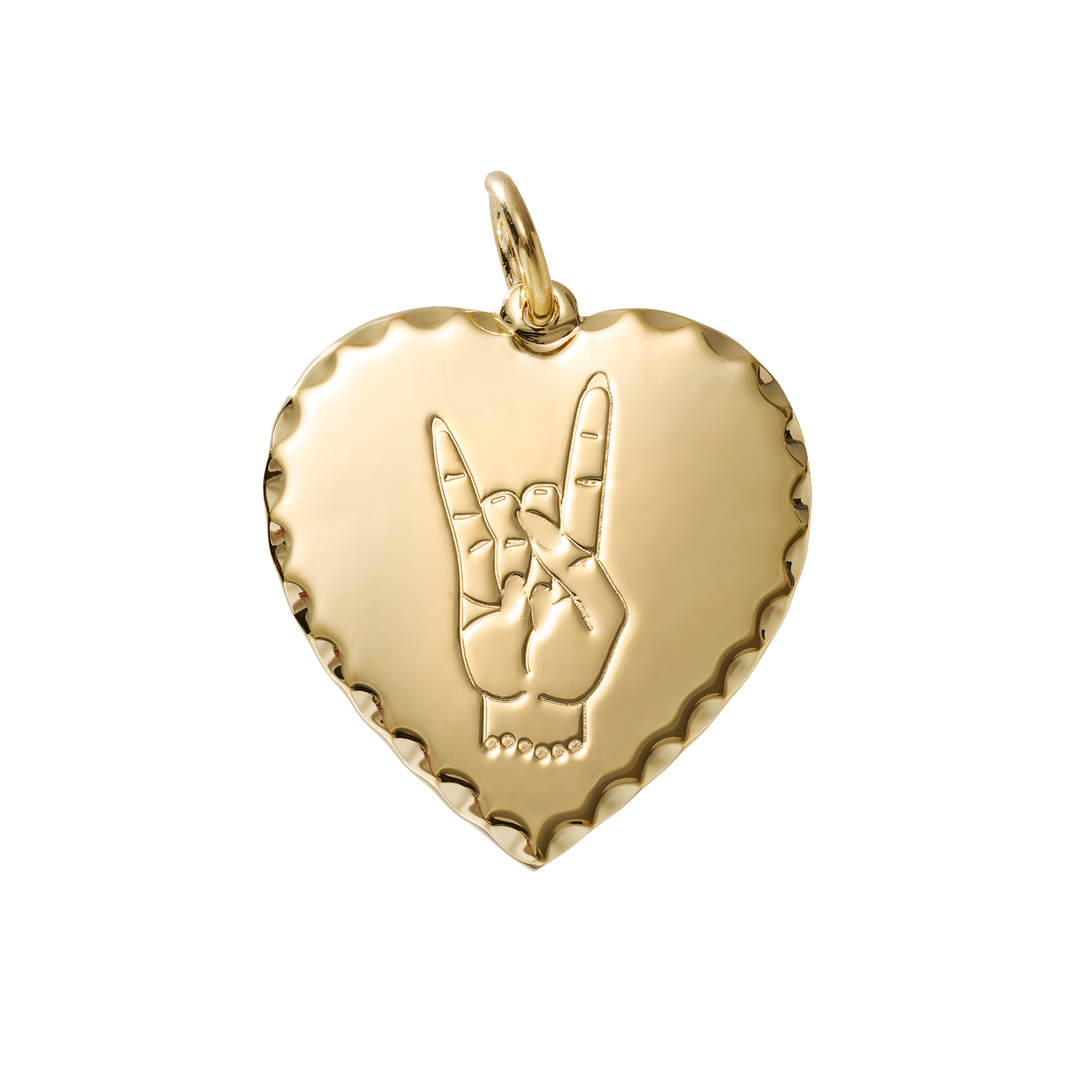 A gold heart-shaped pendant charm featuring a raised hand gesture design in the center and a scalloped edge, shown on a plain white background.
