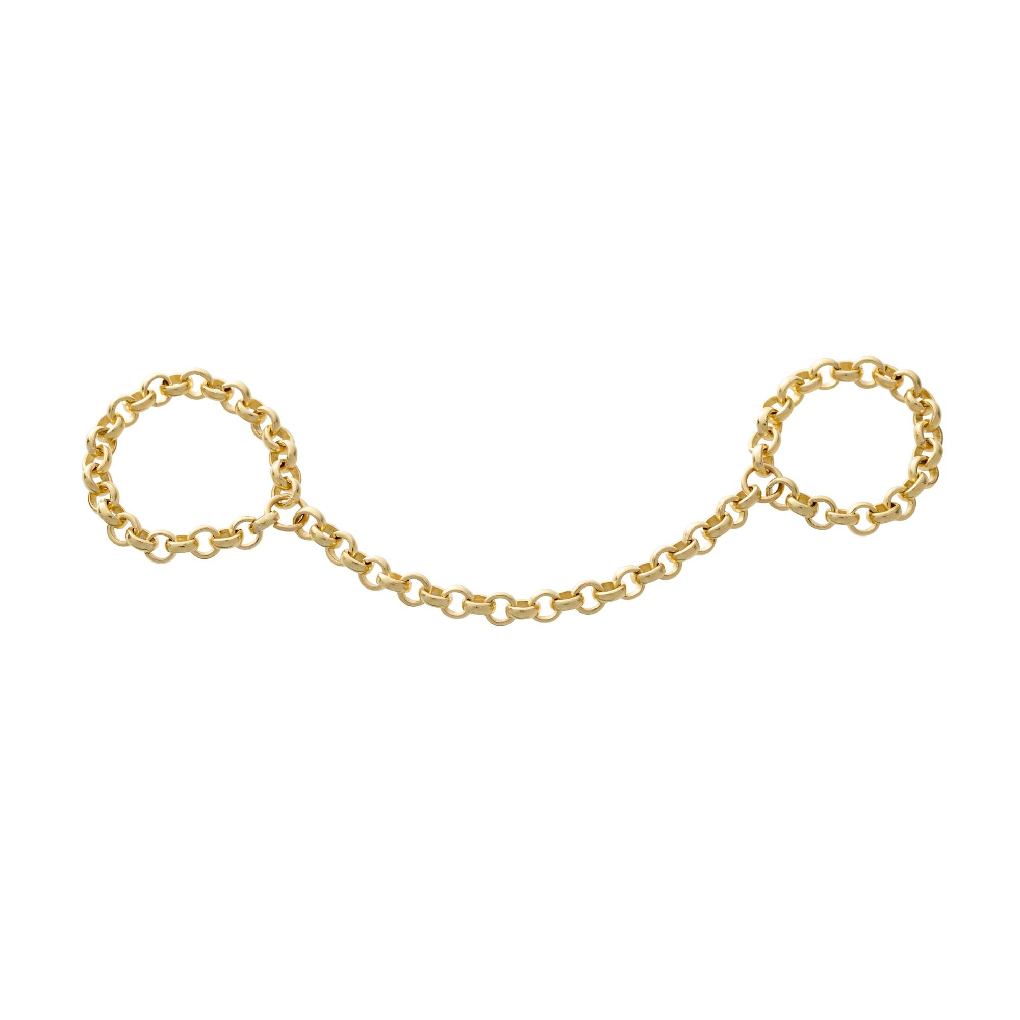 two gold fill rolo chain rings connected by a piece of rolo chain on white background