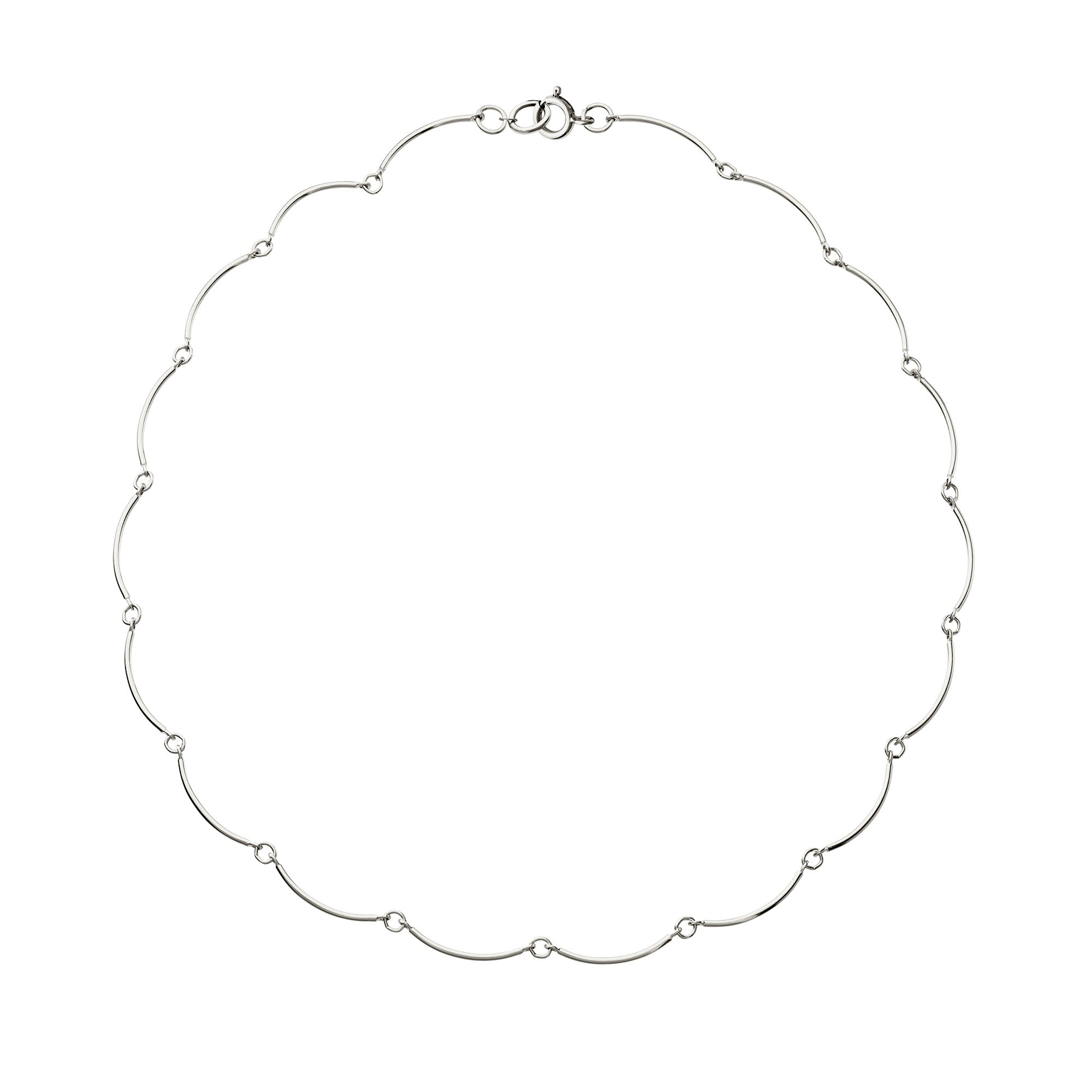 Silver wavy necklace on a white background with a clasp