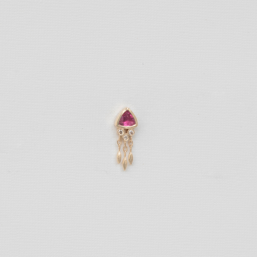 triangle pink spinel diamond earring on gray background