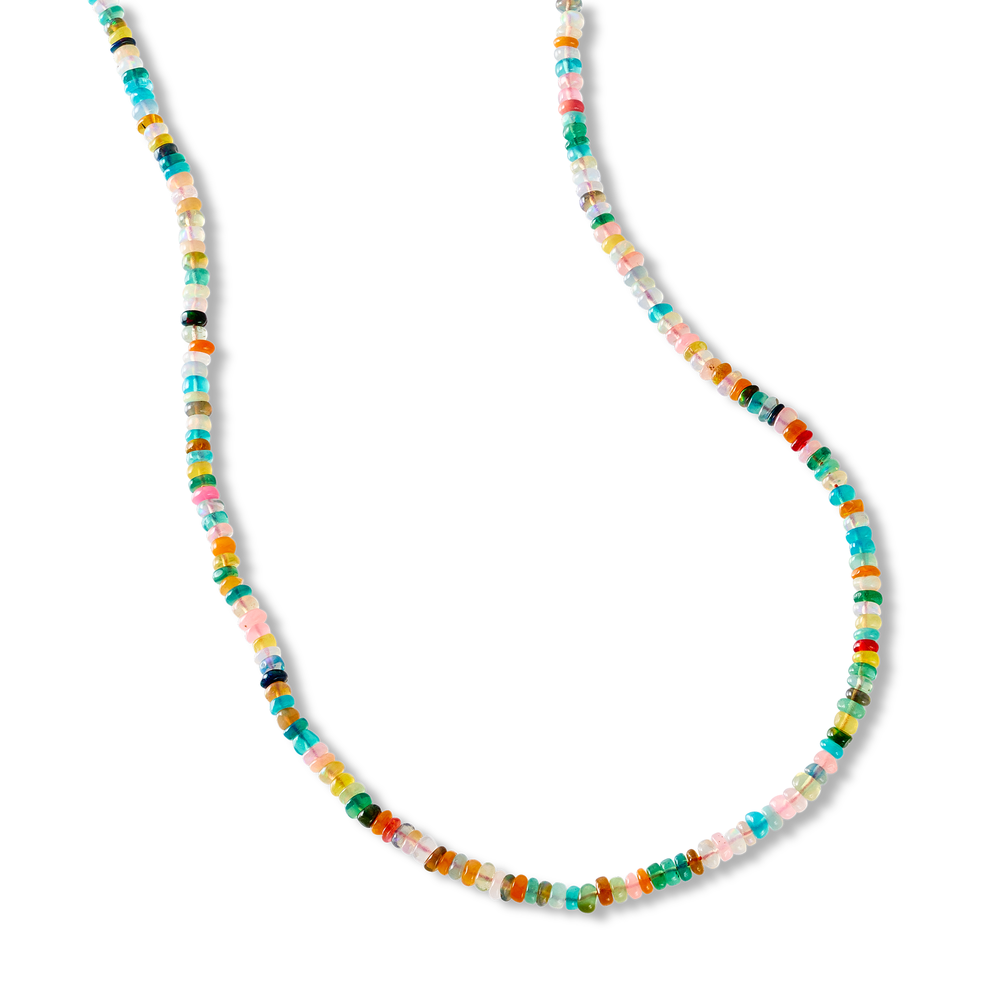 Multicolored beaded necklace on a white background