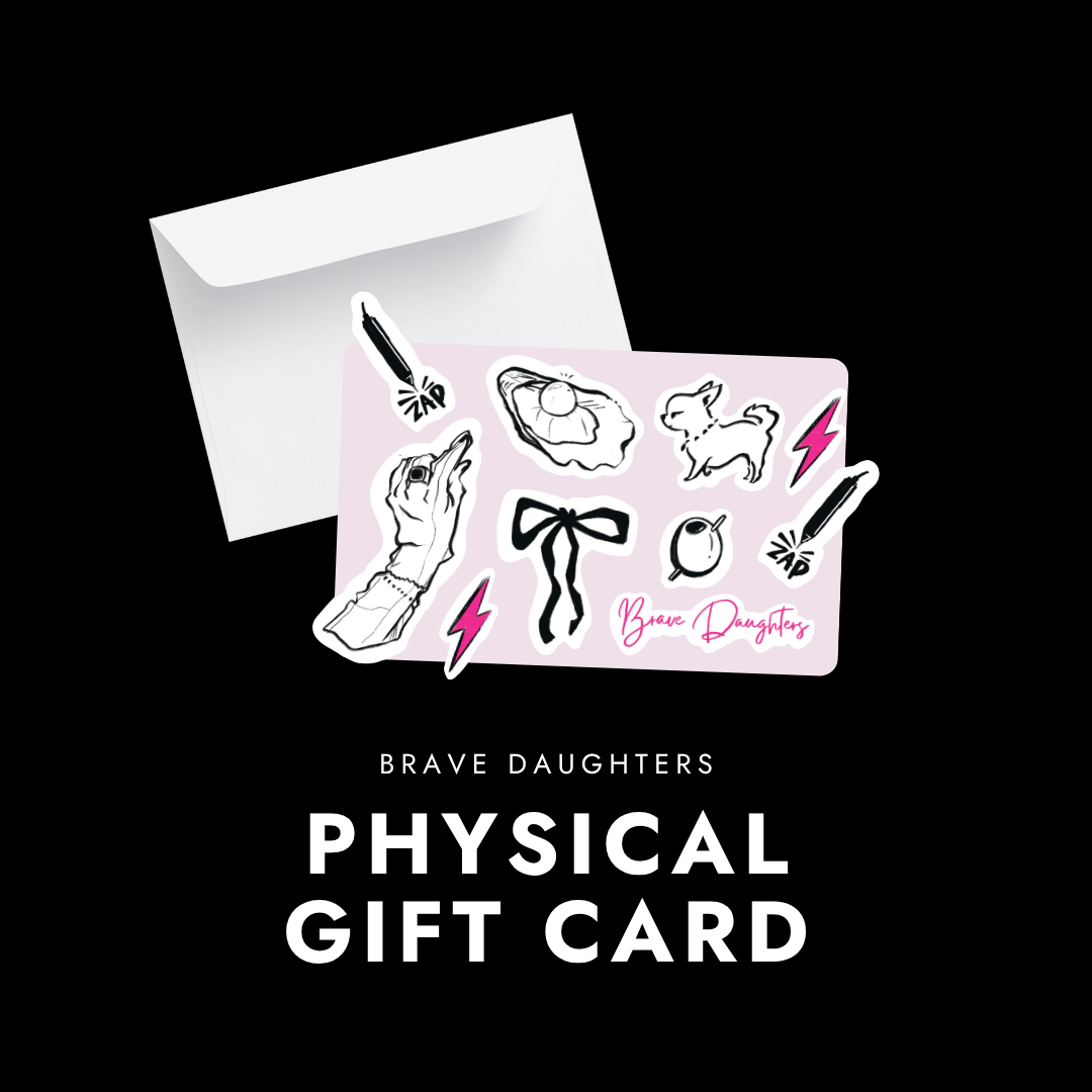 Brave Daughters gift card design featuring bold text on a black background, promoting online and in-store use, with decorative elements including a bow and a zap symbol.