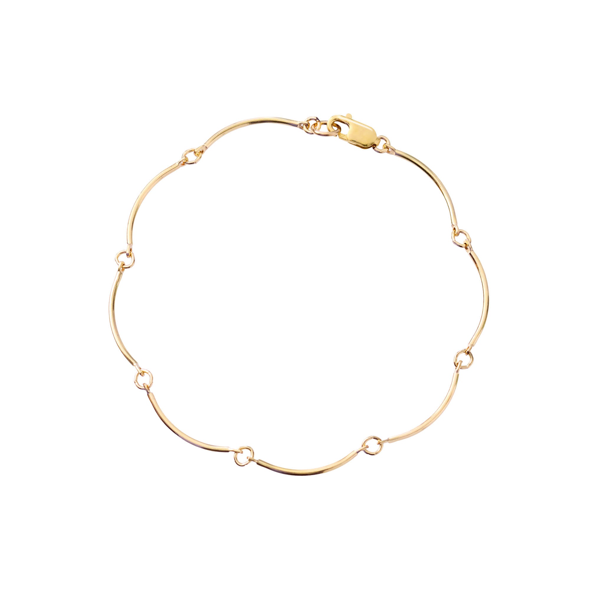 bendy bar chain bracelet with a mini gold fill clasp on a white background