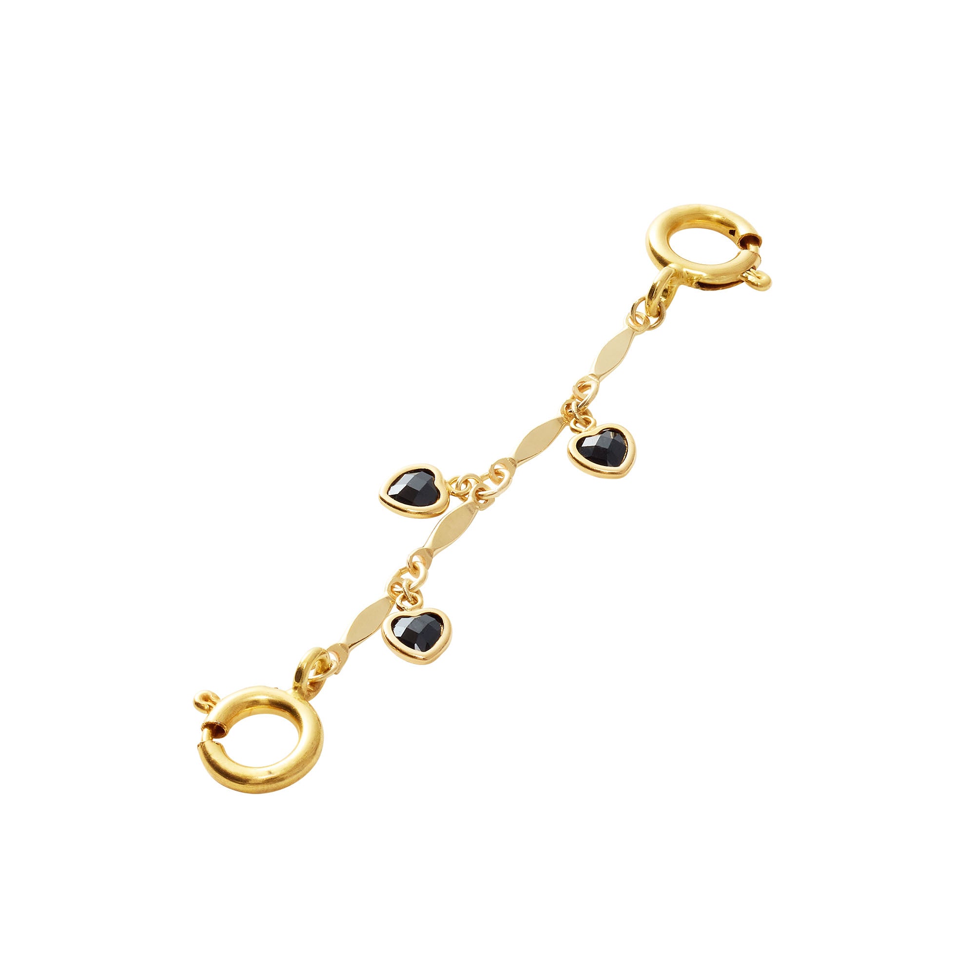 chain extender with three black CZ hearts on white background