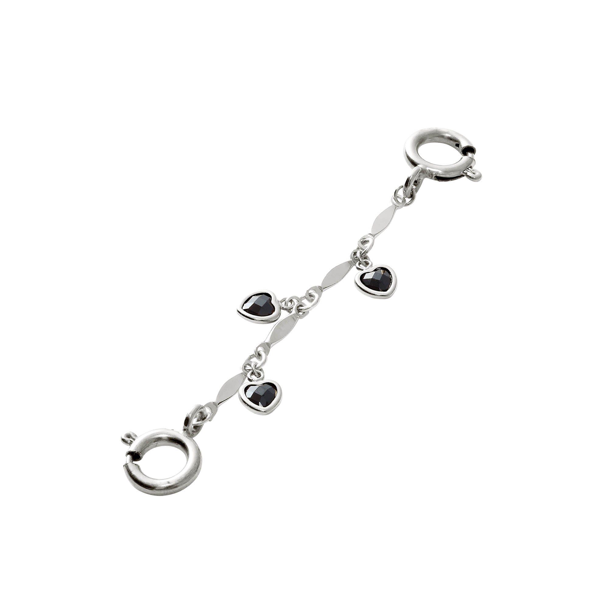 silver chain connector with three black cz hearts on white background