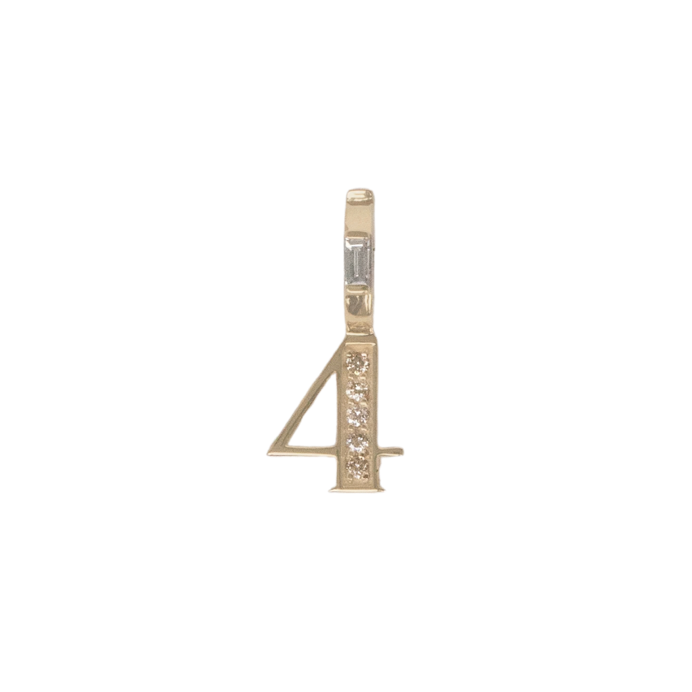 yellow gold and diamond number 4 pendant on white background
