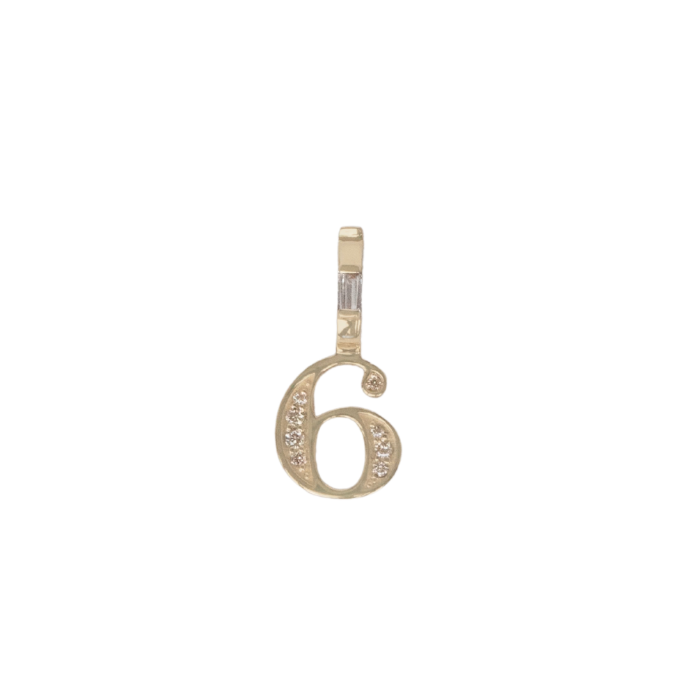 yellow gold and diamond number 6 pendant on white background