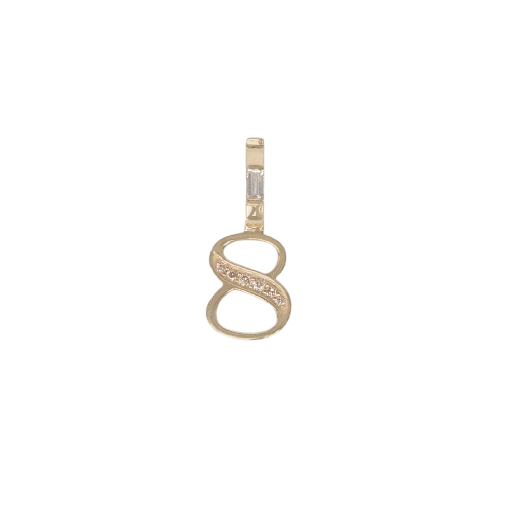 yellow gold and diamond number 8 pendant on white background