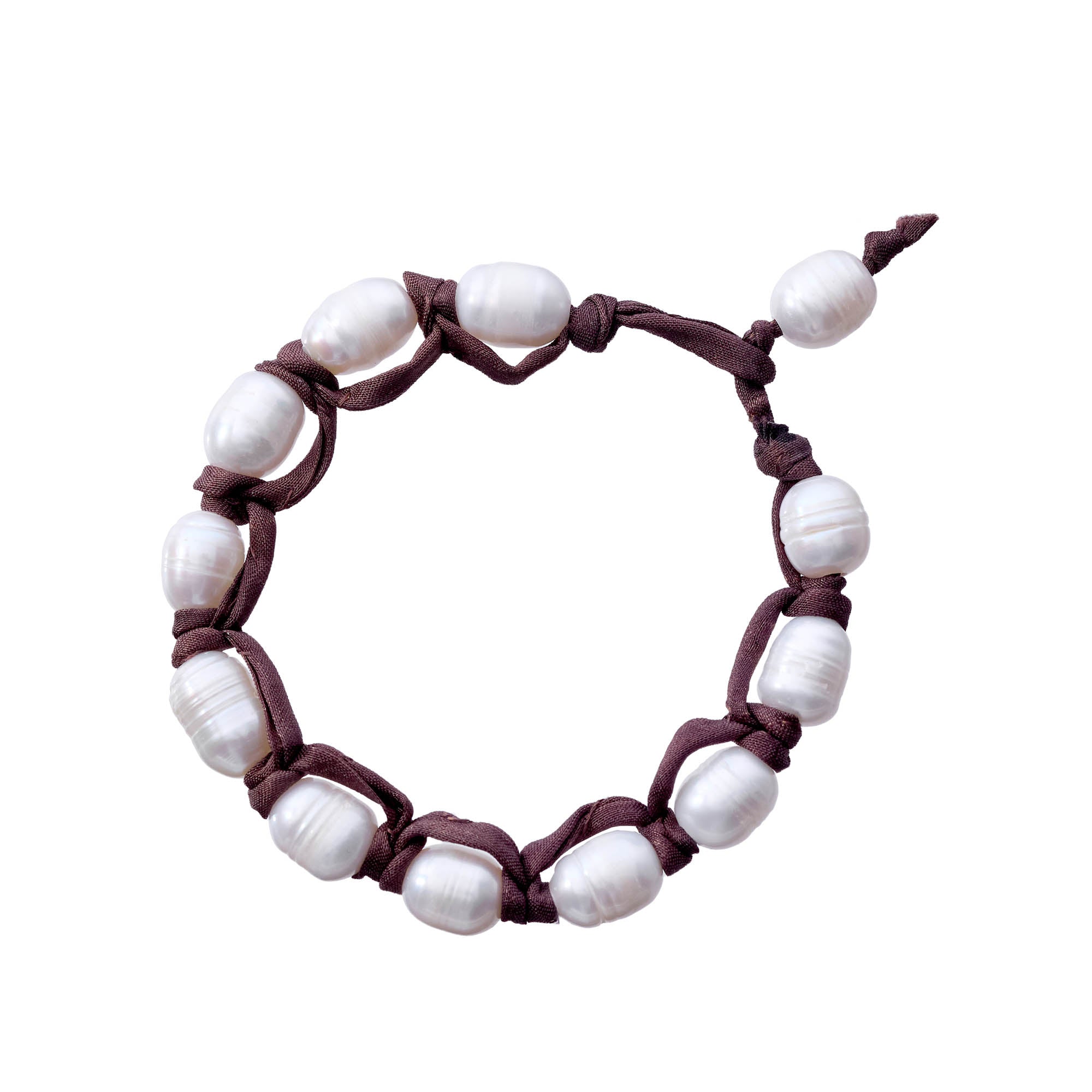 brown silk cord knotted pearl bracelet on white background