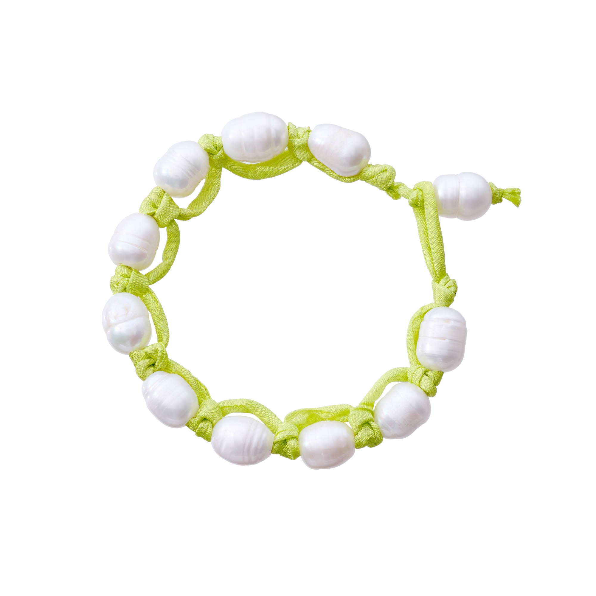 chartreuse colored silk cord knotted pearl bracelet on white background