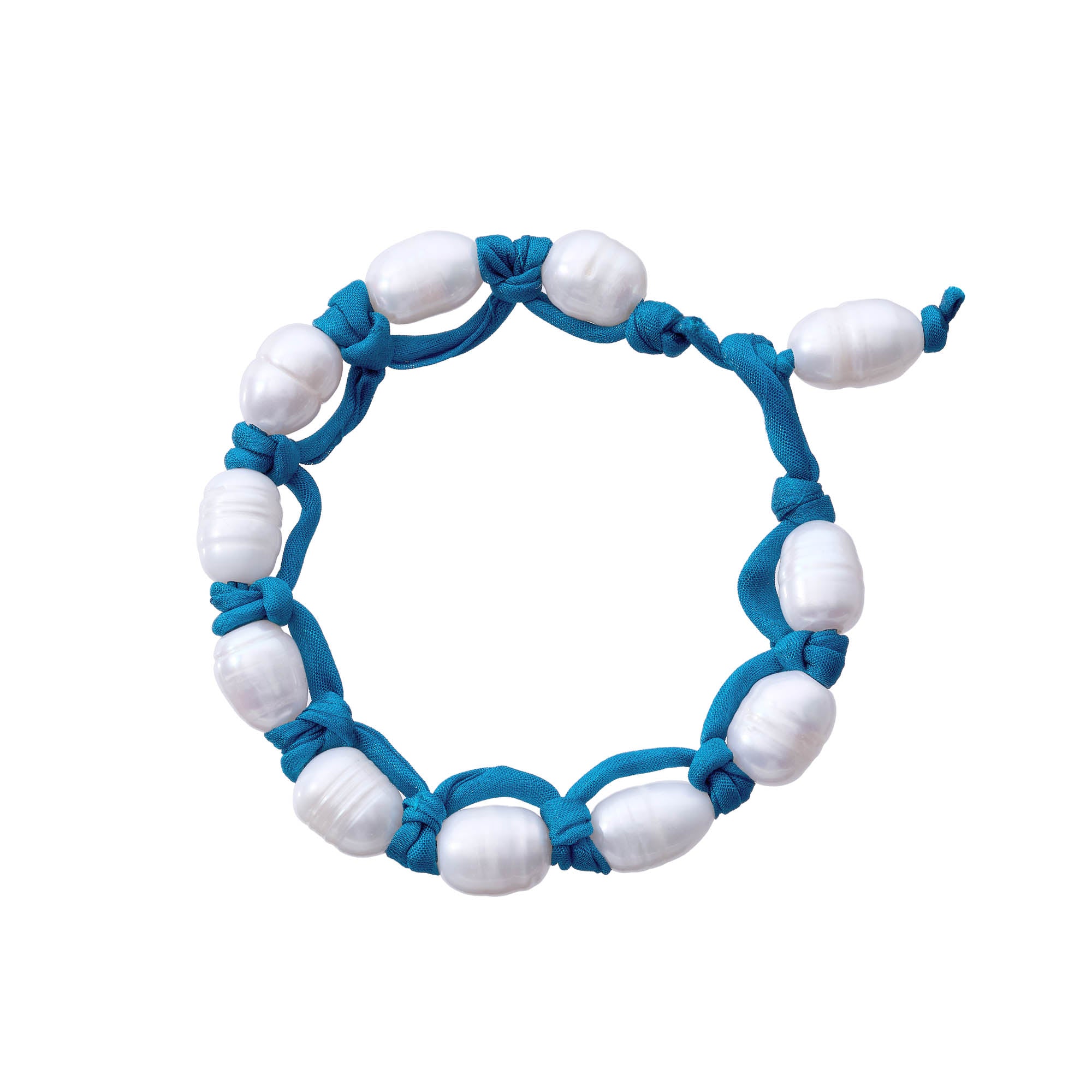 peacock blue silk cord knotted pearl bracelet on white background