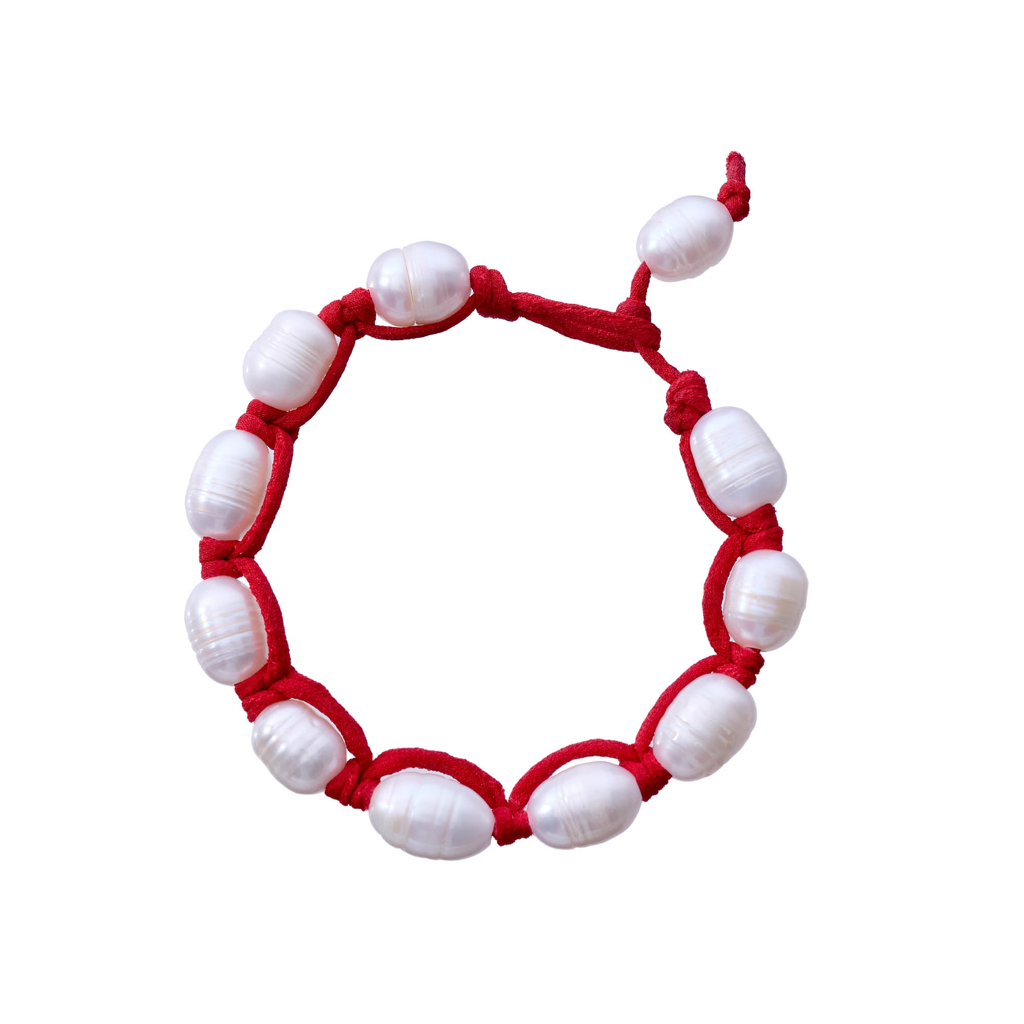 red silk cord knotted pearl bracelet on white background
