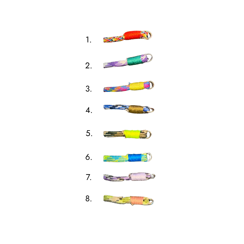 Eight colorful paracord necklace color combinations arranged vertically on a white background