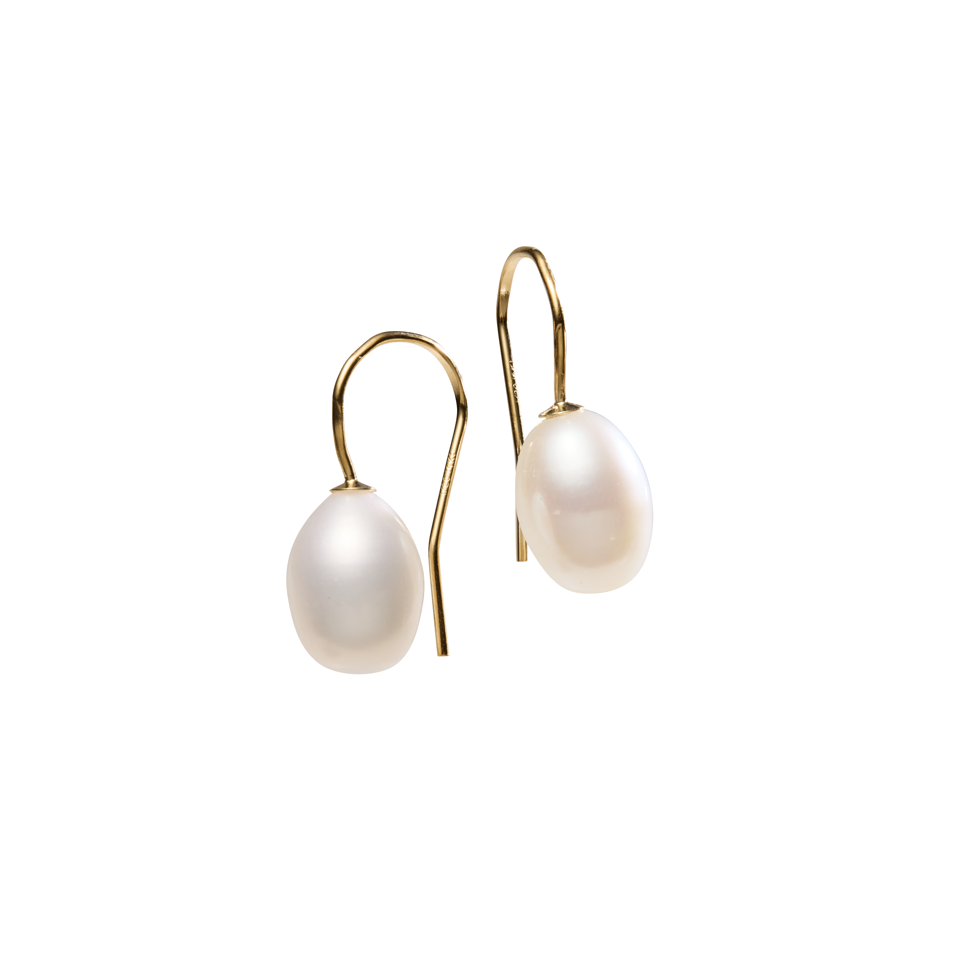 A pair of gold drop earrings with irregular white freshwater pearls, shown against a solid white background.
