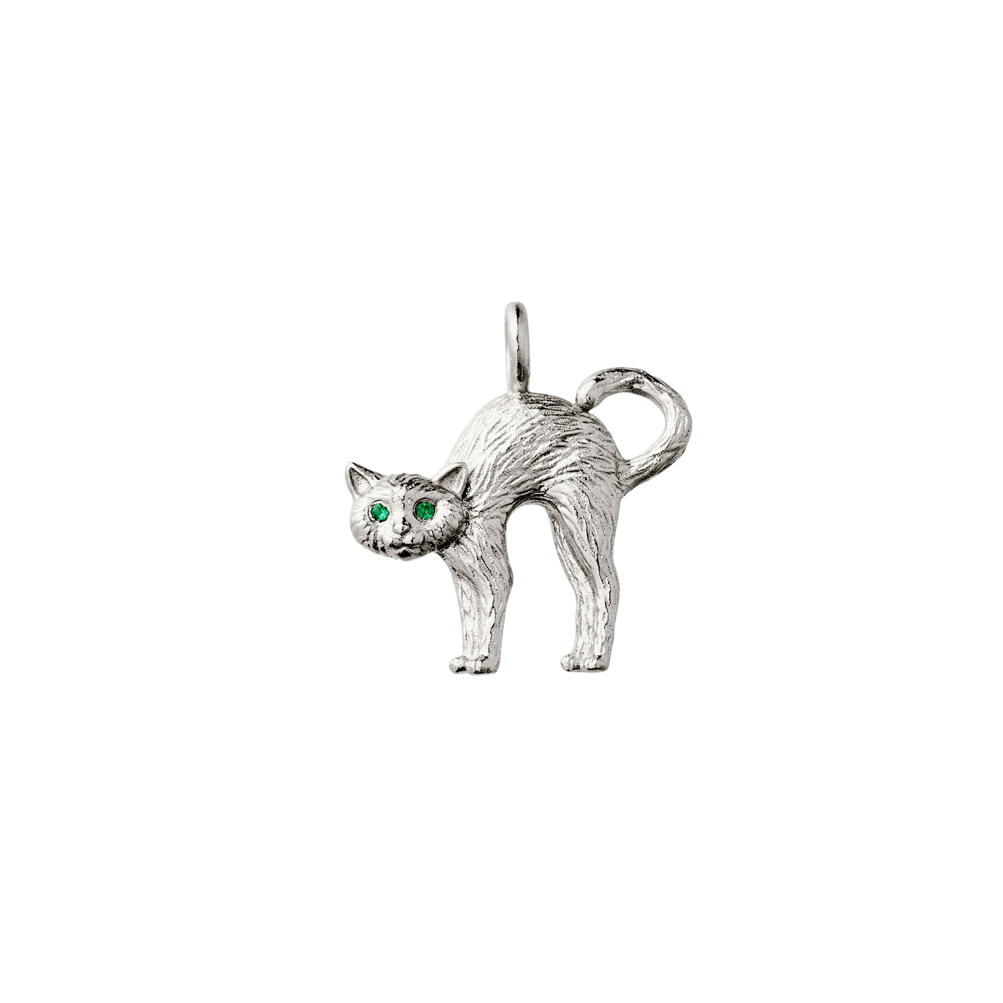 silver scaredy cat charm with green eyes on white background