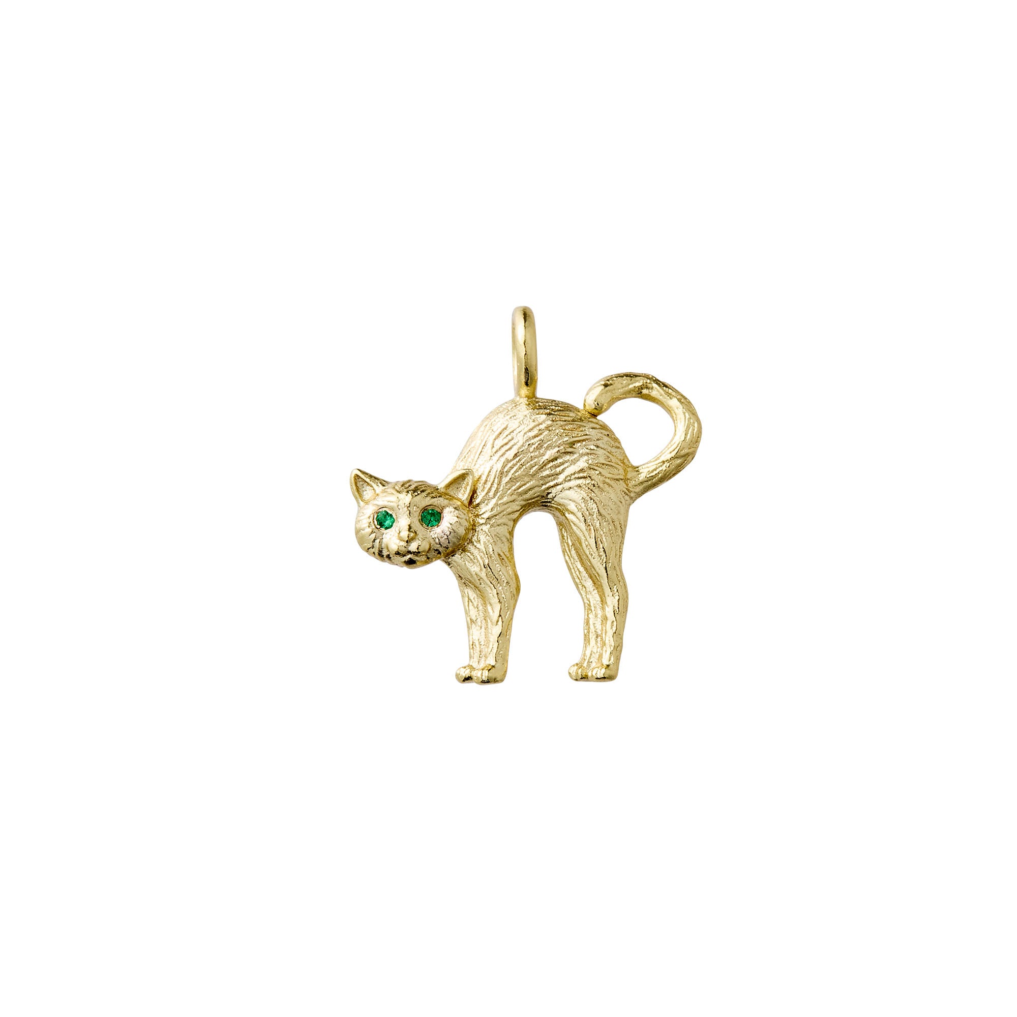 vermeil spooky scaredy cat charm with green eyes on white background