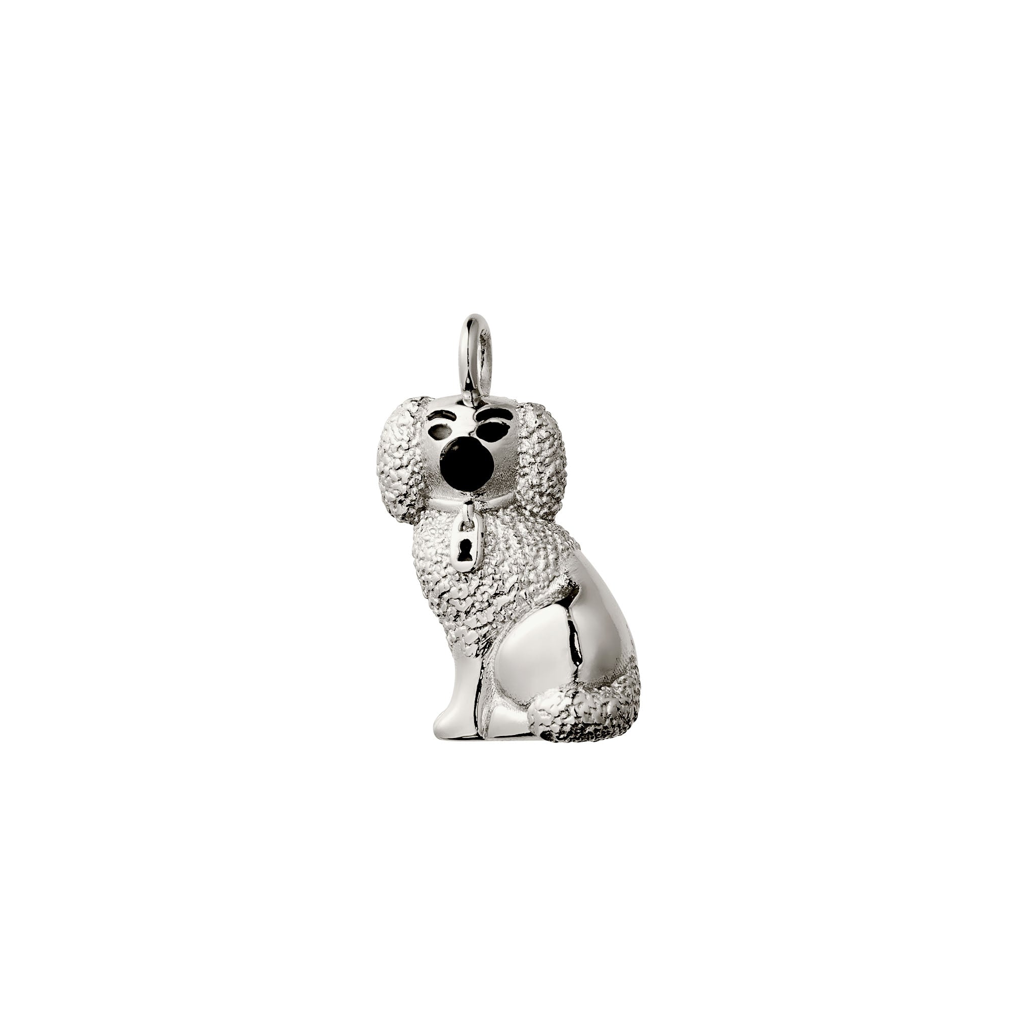 A polished silver poodle-shaped pendant charm with a textured finish, black enamel eyes, nose, and mouth, and a small hanging loop at the top, shown on a plain white background.
