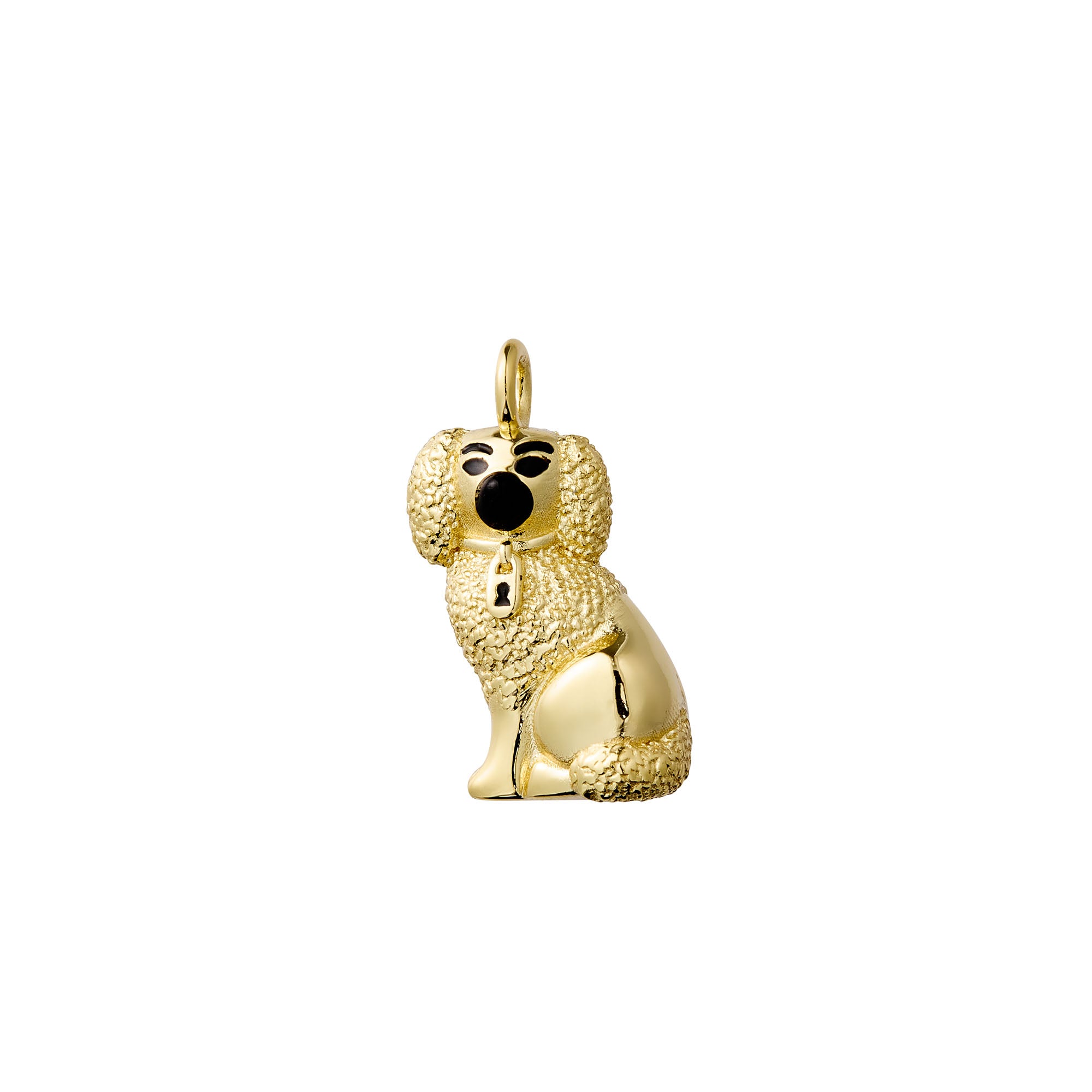 A gold pendant shaped like a sitting dog, featuring a textured finish, a black nose, and a small black paw print on the forehead, shown on a plain white background.