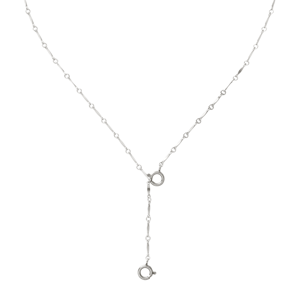 Silver necklace with chain links on a white background