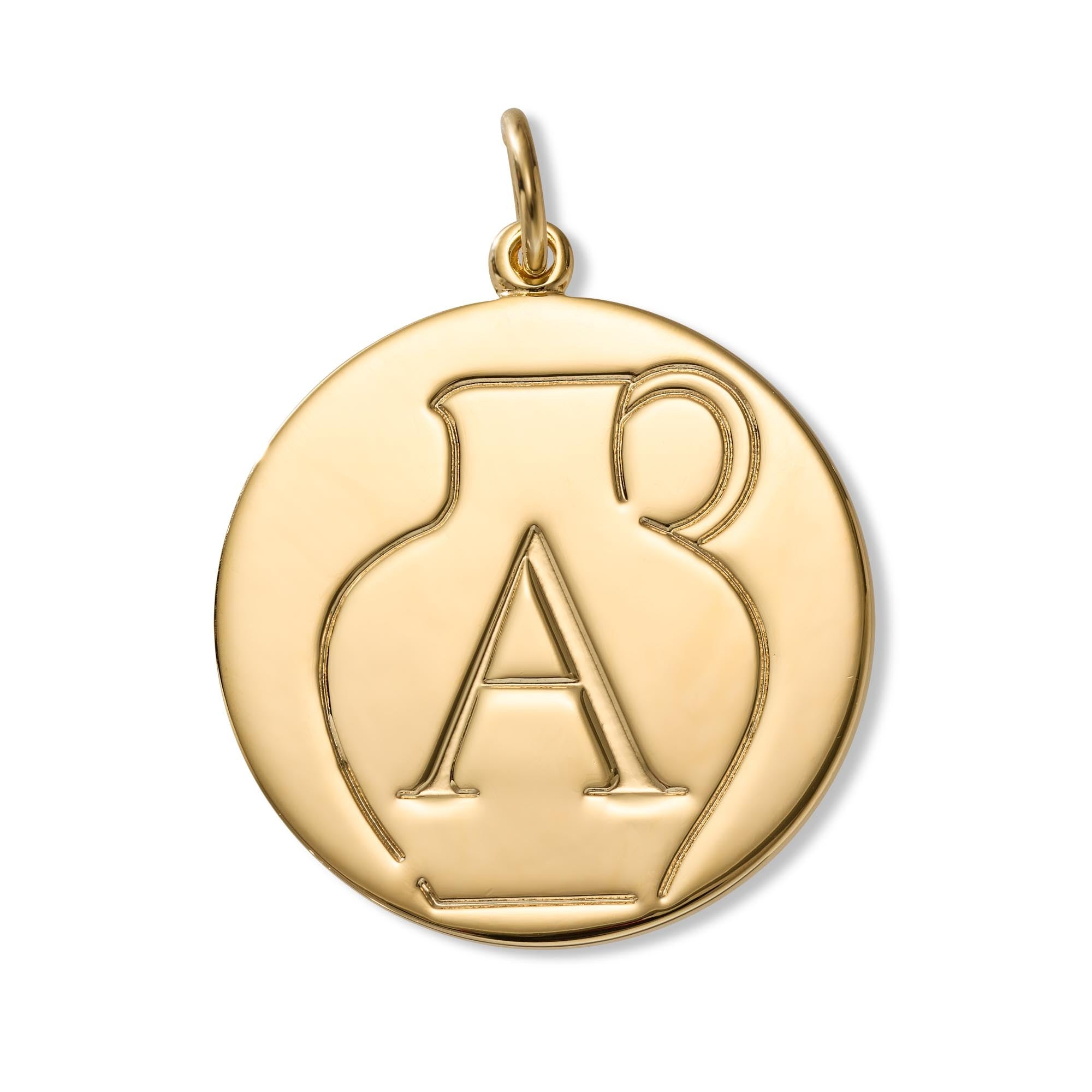 A round gold pendant featuring an embossed classical vase design with a large letter 'A' in the center, shown on a clean white background.