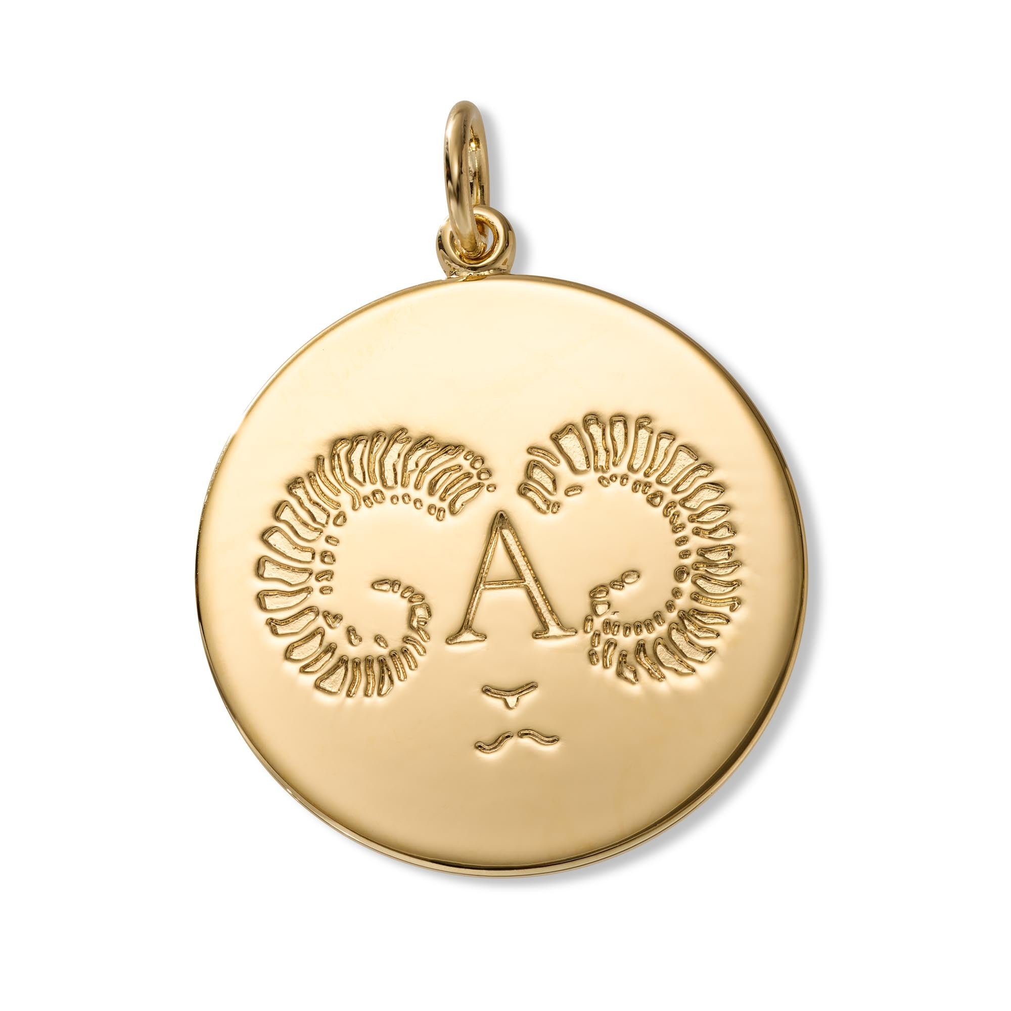 A round gold pendant charm featuring an embossed ram's head design with the letter 'A' in the center, shown on a clean white background.