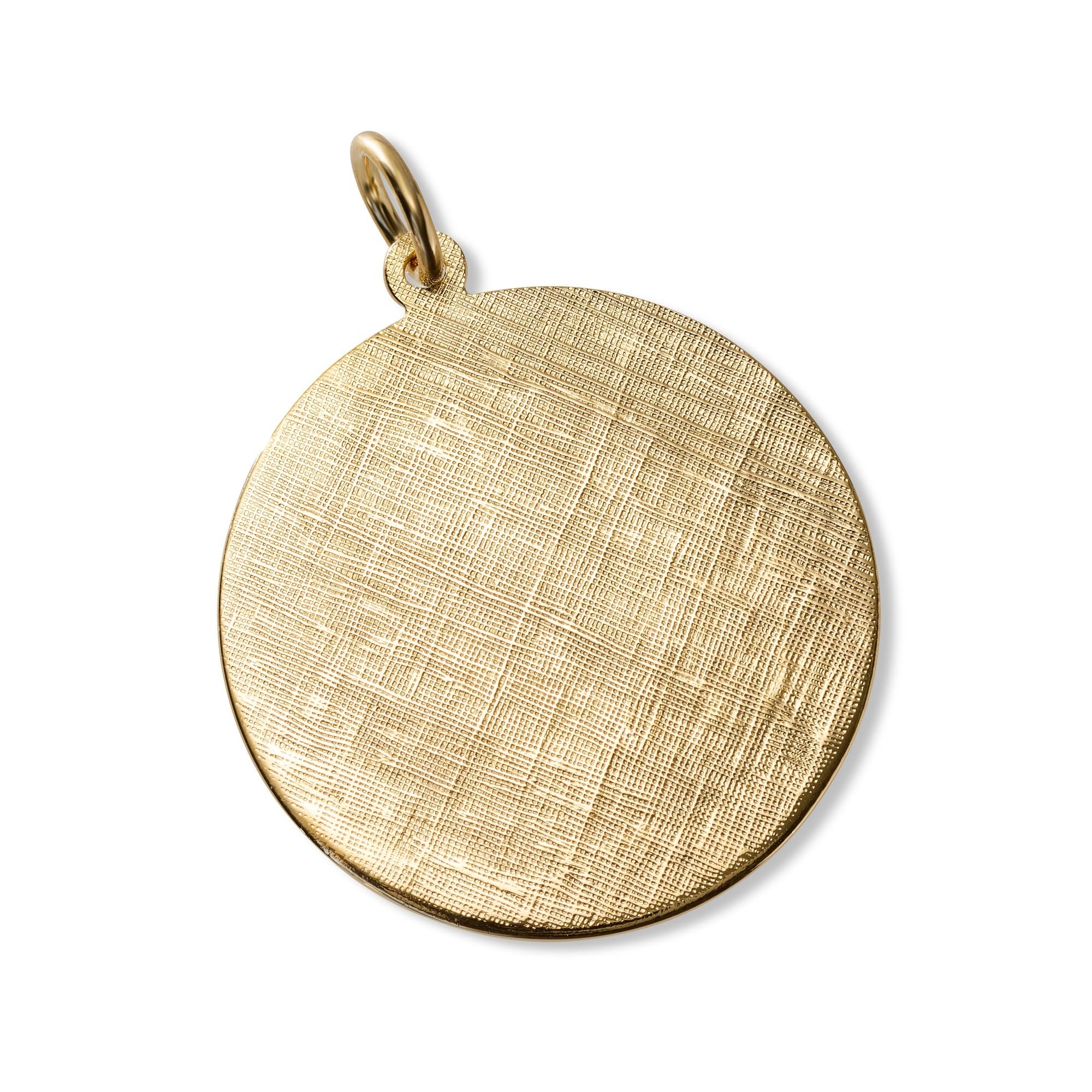 A round textured gold pendant with a small top loop, shown on a clean white background.