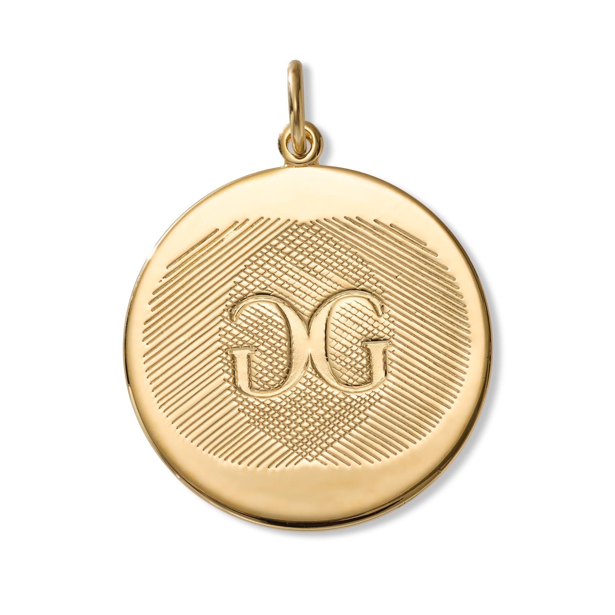 A round gold pendant charm featuring an engraved monogram 'GG' over a textured heart design, complete with a hanging loop at the top, shown on a plain white background.