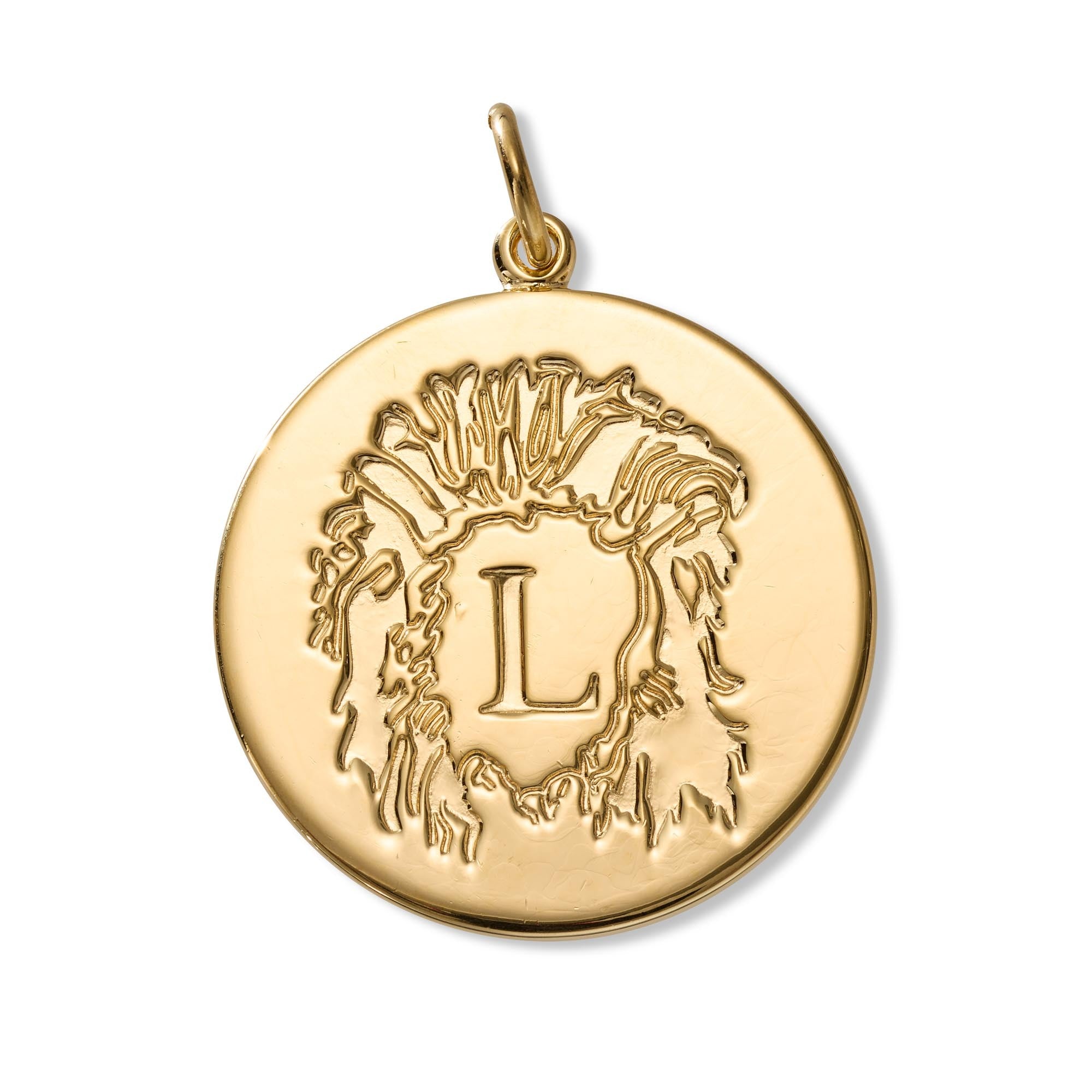 A round gold pendant featuring an engraved stylized lion design surrounding a capital letter 'L' in the center, suspended from a simple gold bail against a plain white background.