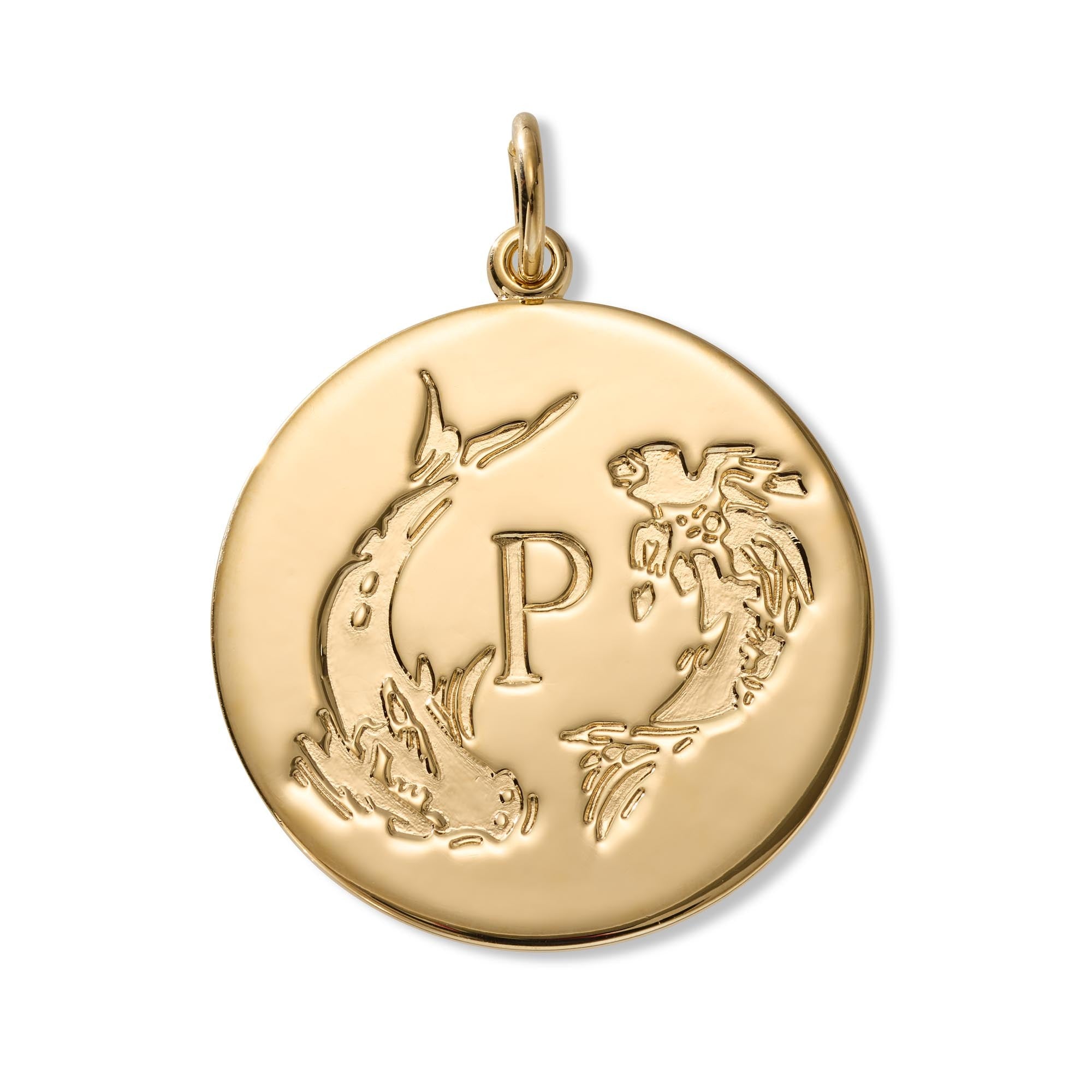 A round gold pendant featuring an engraved koi fish design and the letter 'P' in the center, suspended from a gold bail against a clean white background.