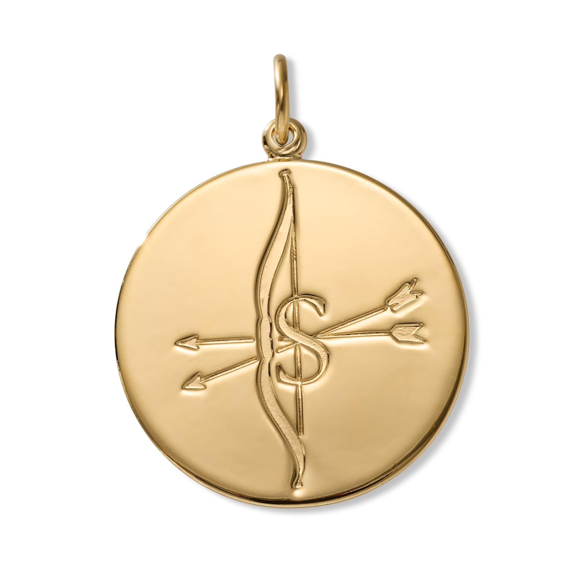 A round gold pendant featuring an embossed archery symbol with a bow and arrows, complete with a top loop for a chain, shown on a plain white background.