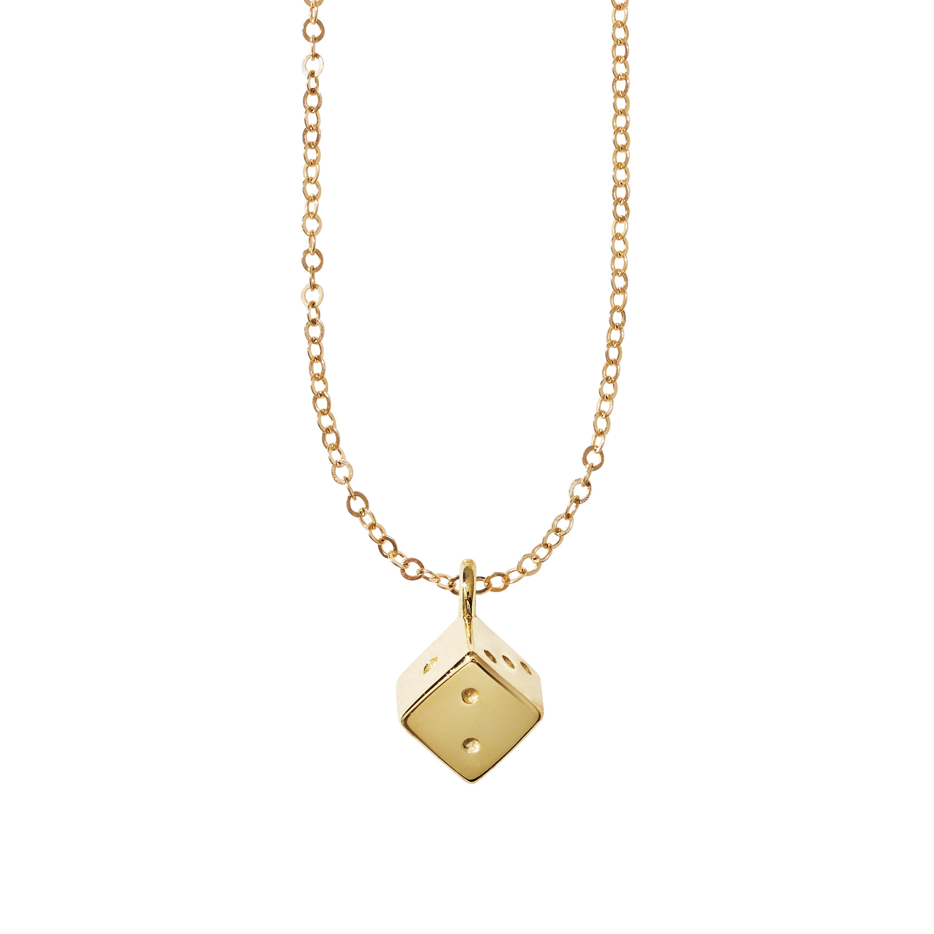 Gold necklace with a dice-shaped pendant on a white background