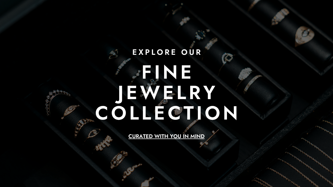 Promotional image for a fine jewelry collection with text overlay on a dark background.