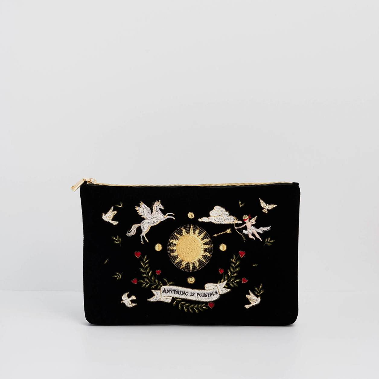 Black pouch with embroidered designs on a white background