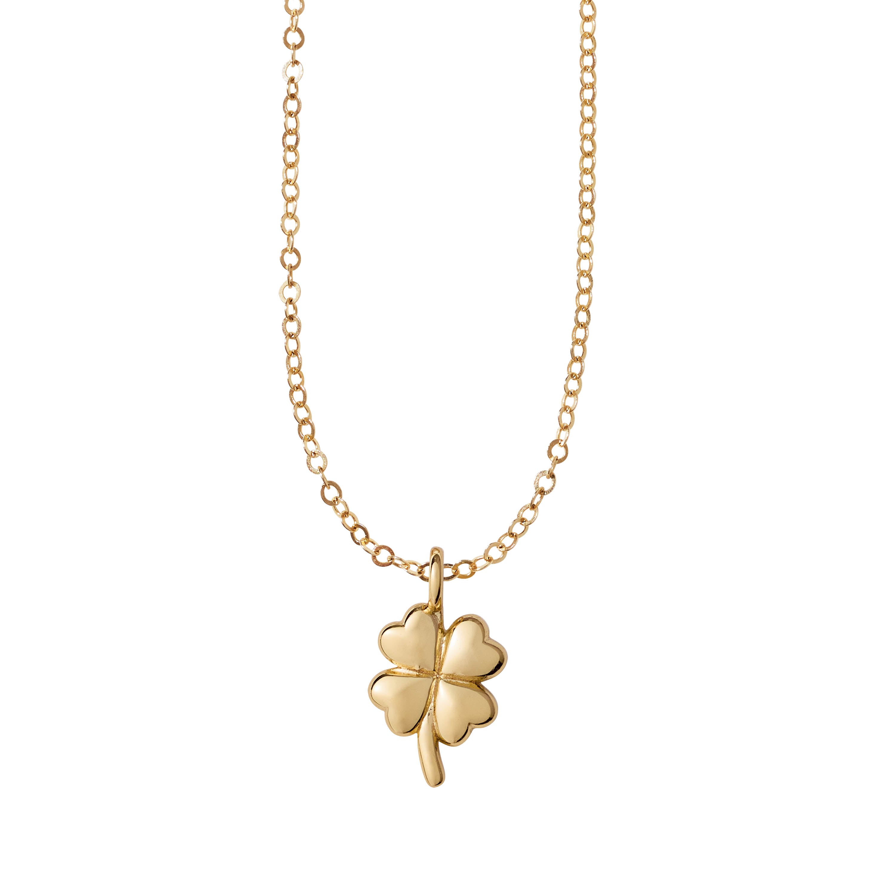 Gold four-leaf clover necklace on a white background