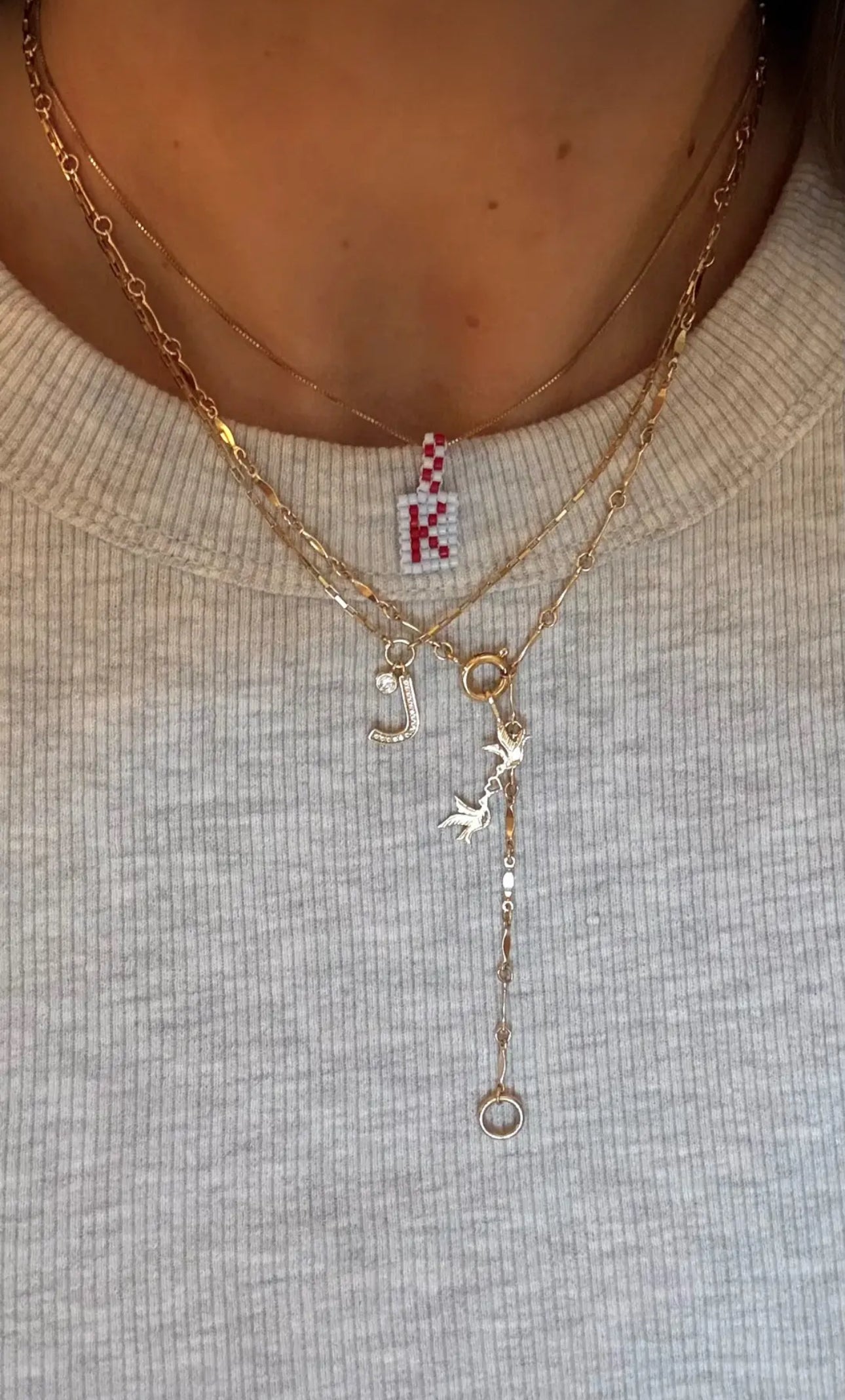 Gold fill lariat necklace on model