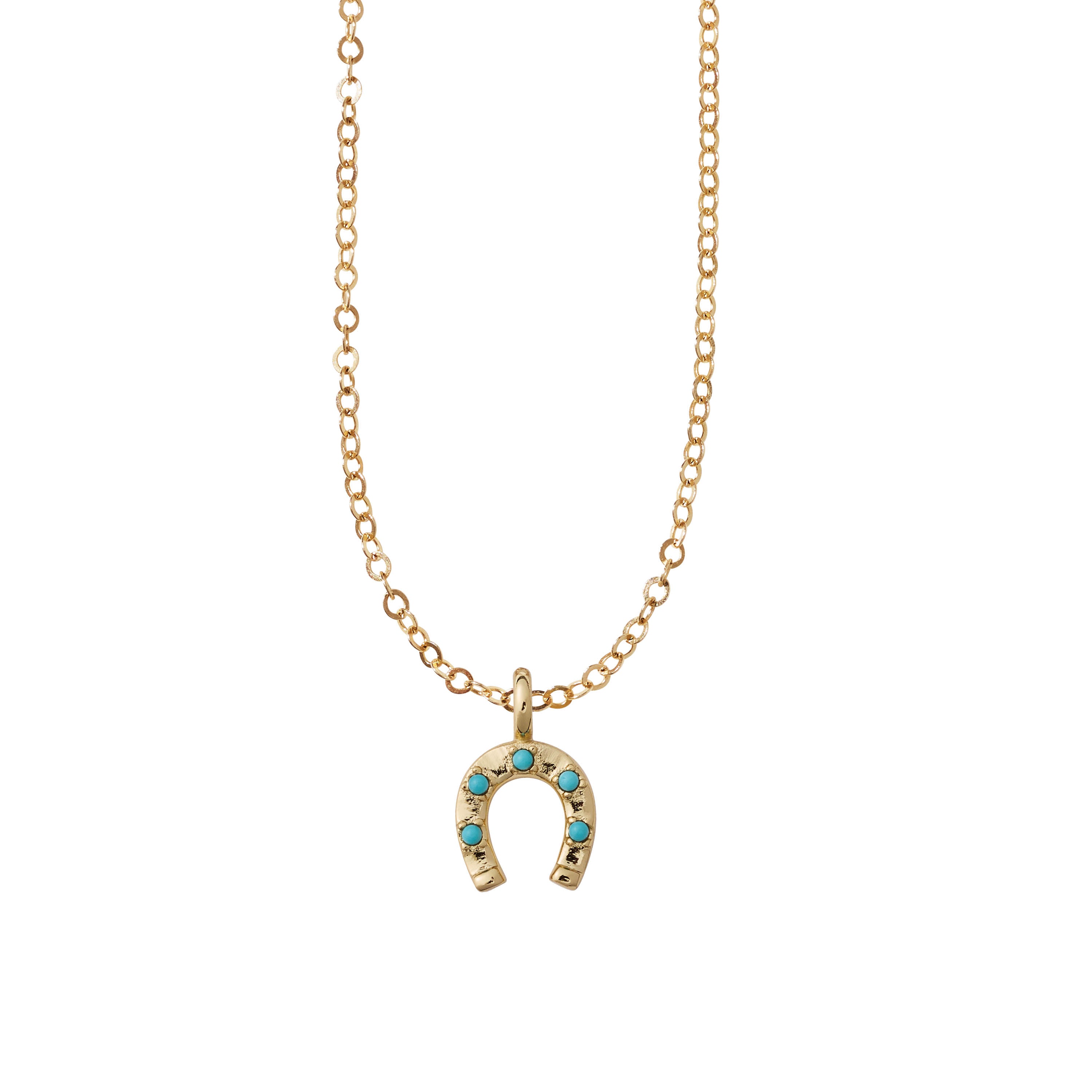 Gold necklace with a horseshoe pendant featuring turquoise stones on a white background