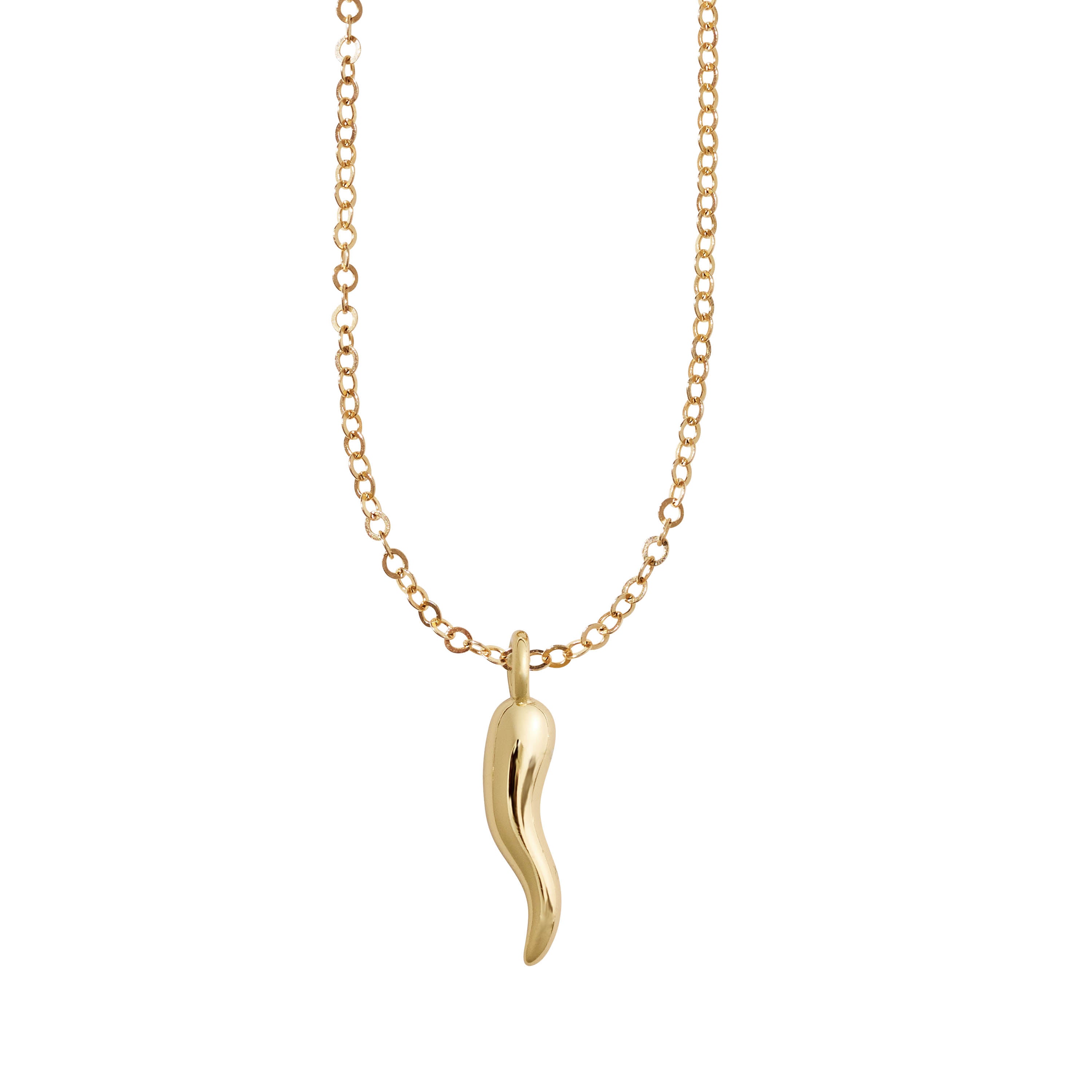 Gold necklace with an italian horn pendant on a white background