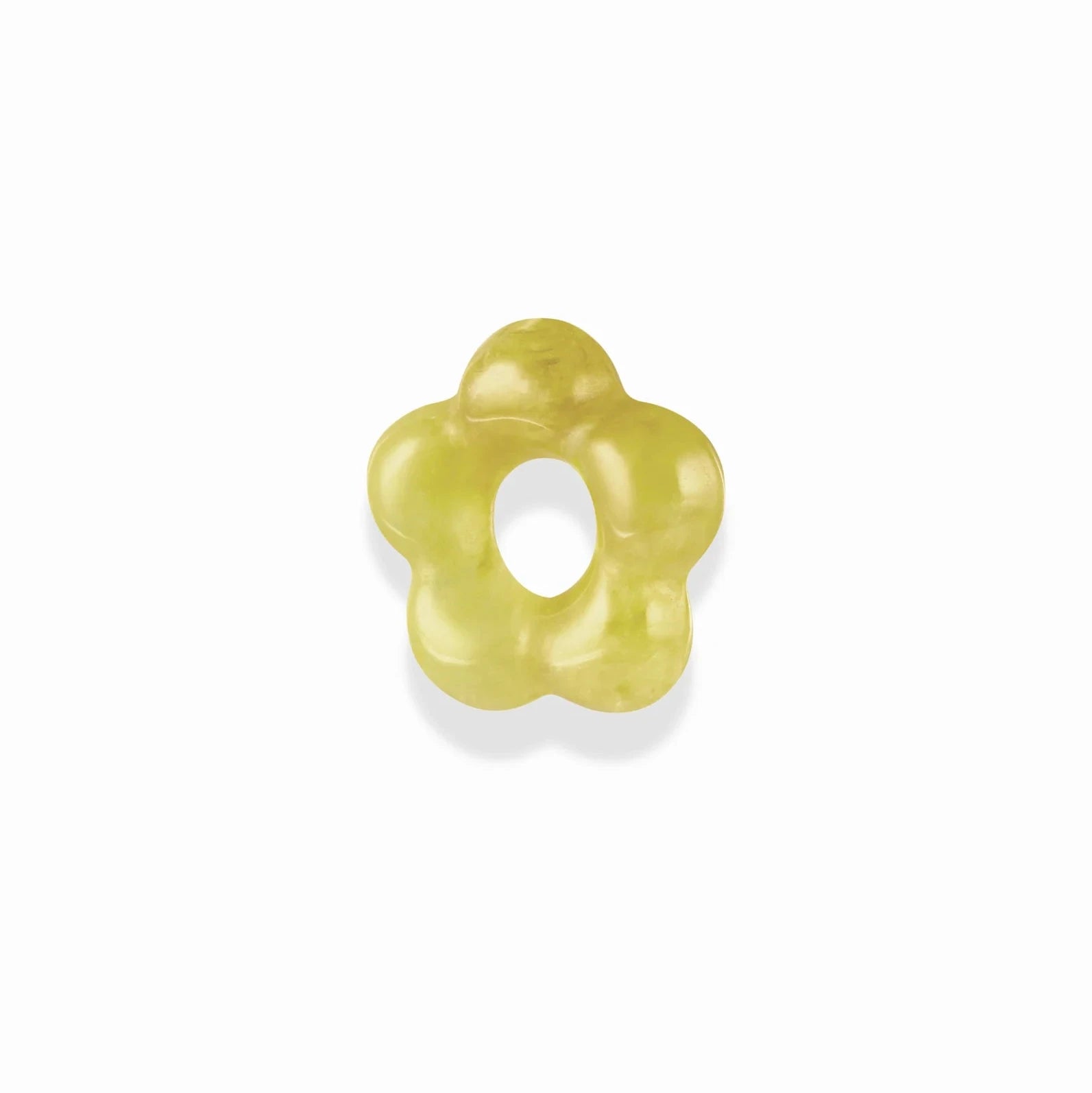 a yellow gemstone spacer bead in the shape of a flower over a white background