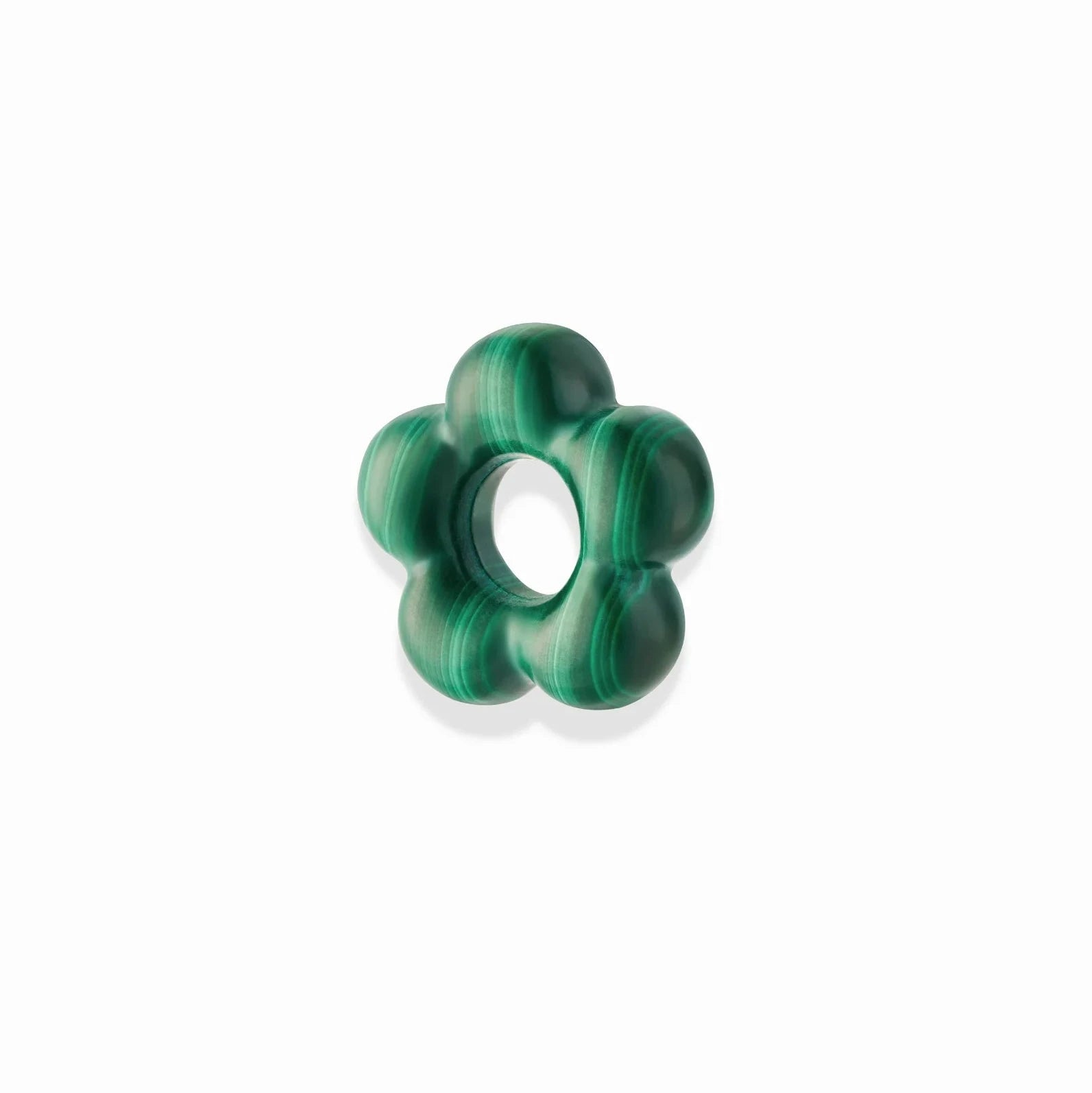 a striped green gemstone spacer bead in the shape of a flower over a white background