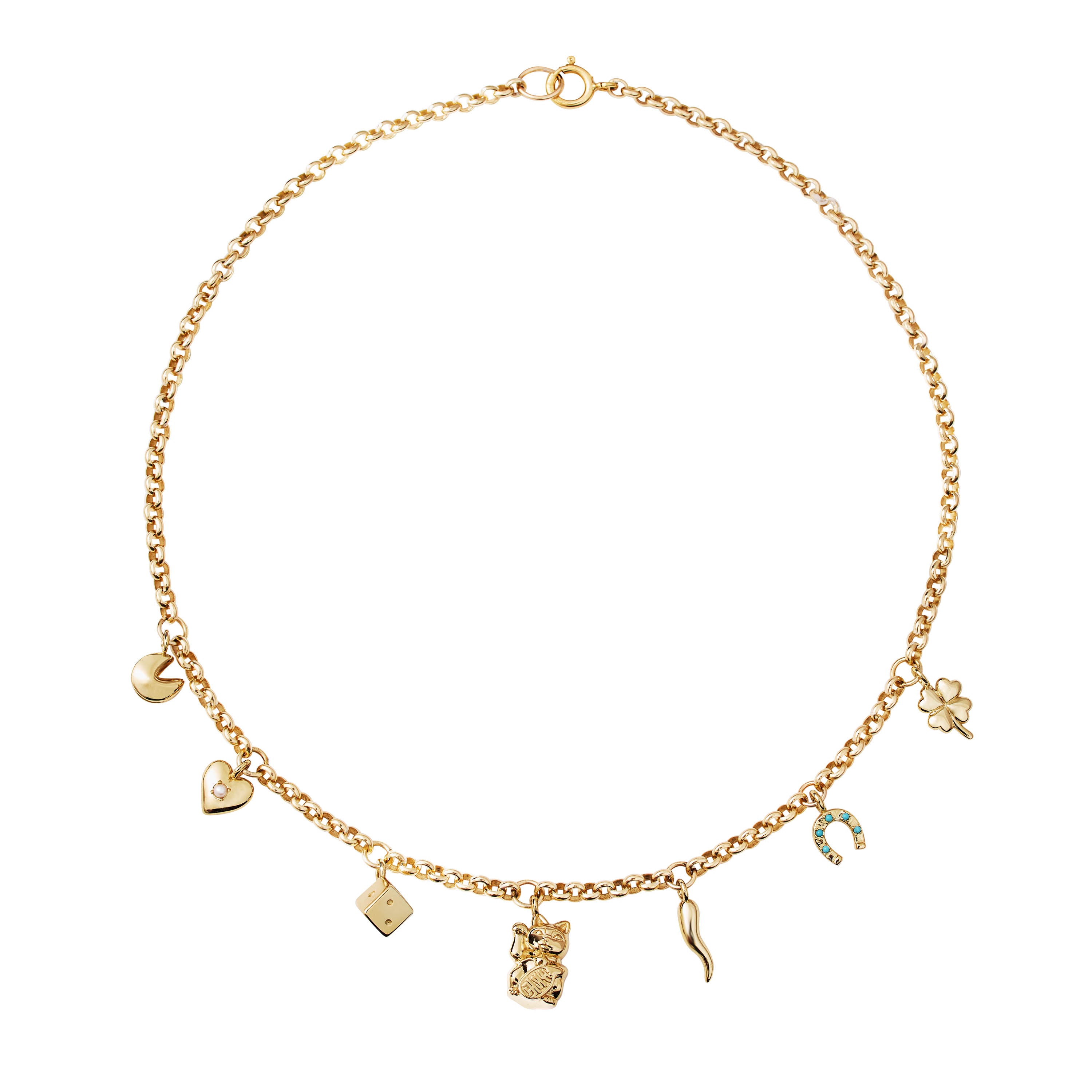 Gold necklace  with various lucky charms on a white background
