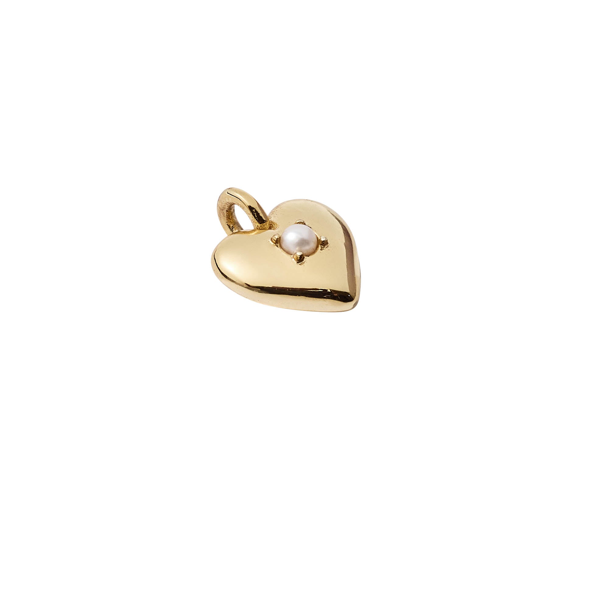 Gold heart-shaped pendant with a pearl on a white background