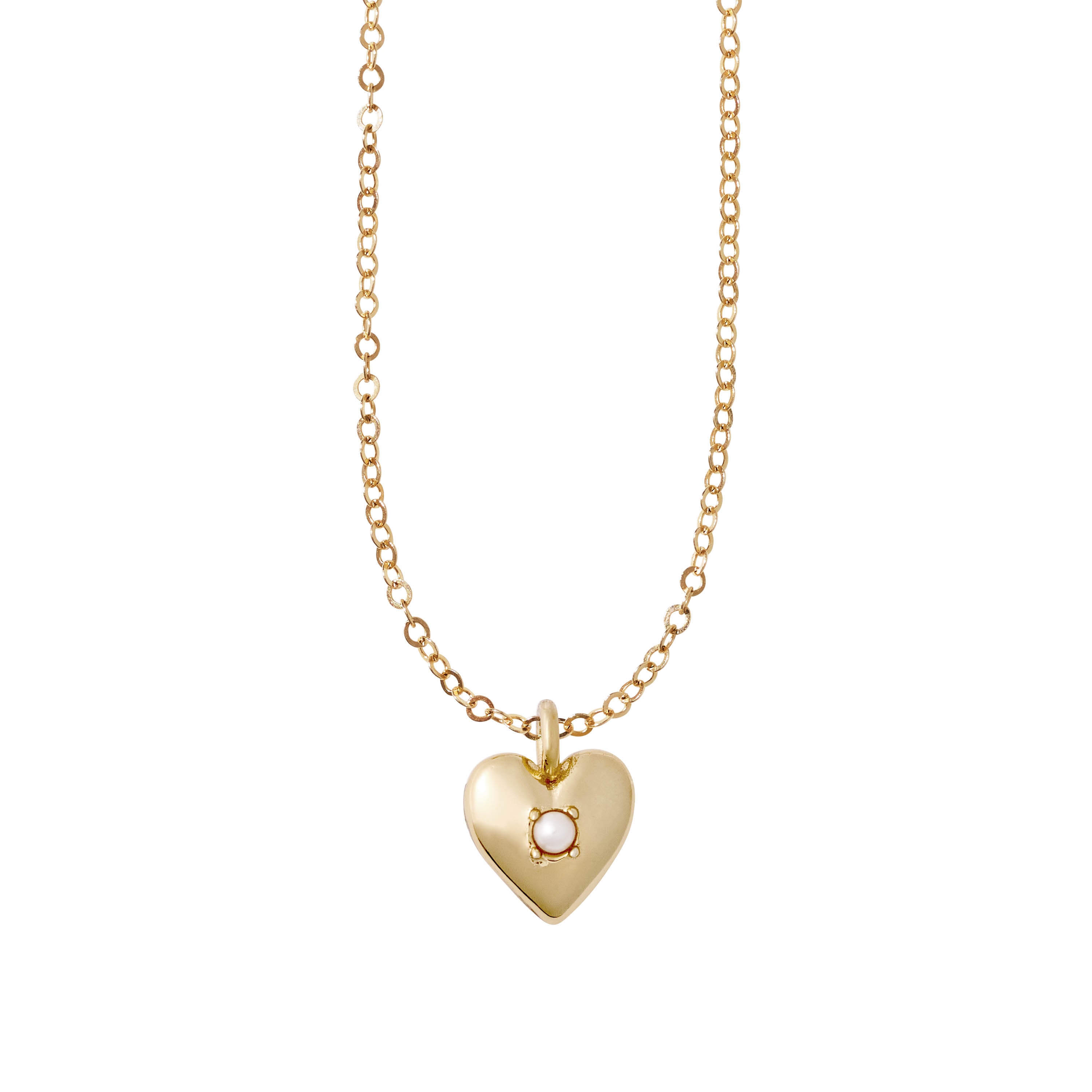 Gold heart-shaped necklace with a small pearl on a white background
