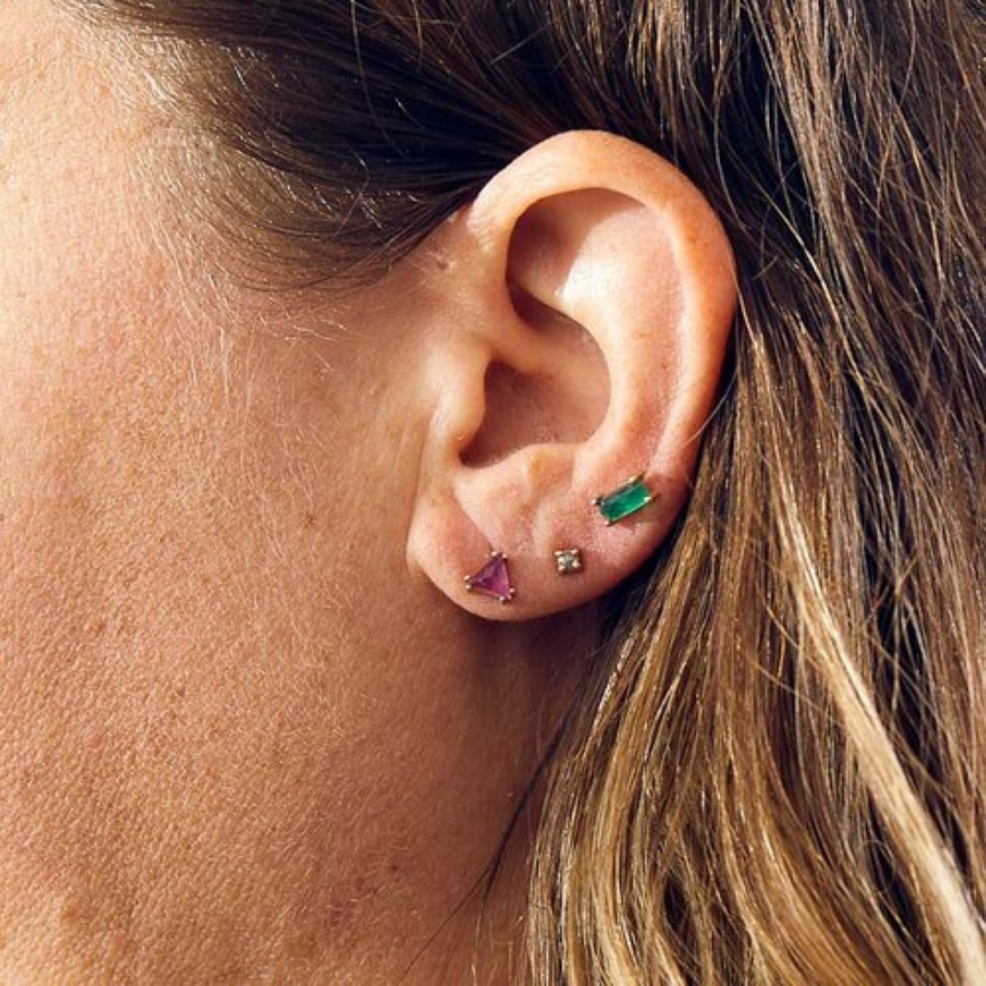 Green Onyx Baguette Single Stud Earring in Yellow Gold